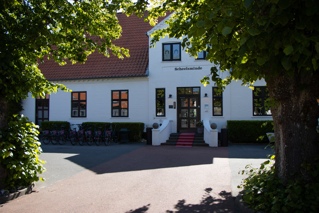 Hotel Scheelsminde, white historical manor with red roof 