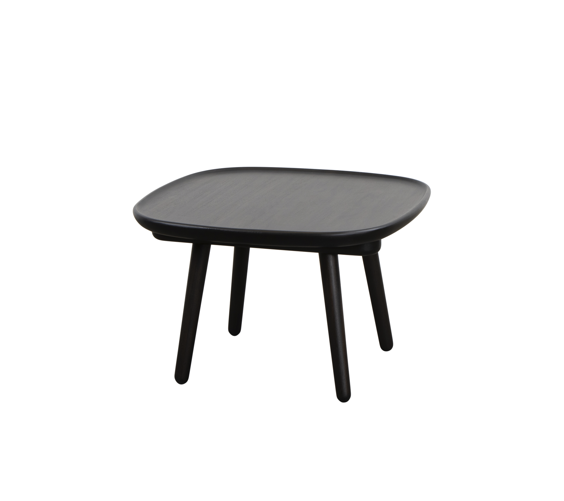 Kvadratisk svart bord med en slät yta och fyra slanka ben, designat för mångsidighet och enkelhet i stil.