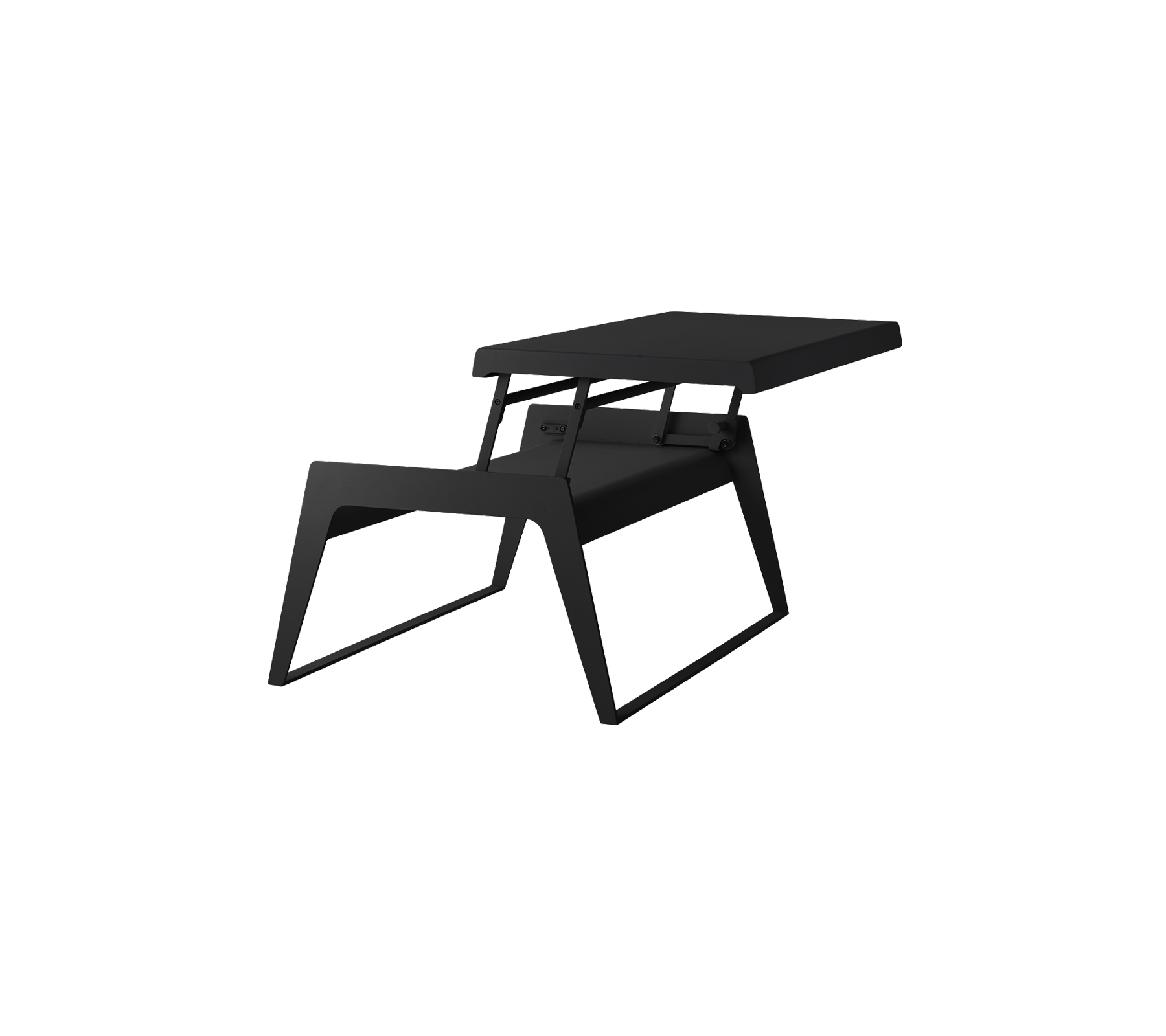 Stilrent svart bord med en modern design som har en rymlig yta och unika vinklade ben. Perfekt för samtida utrymmen.