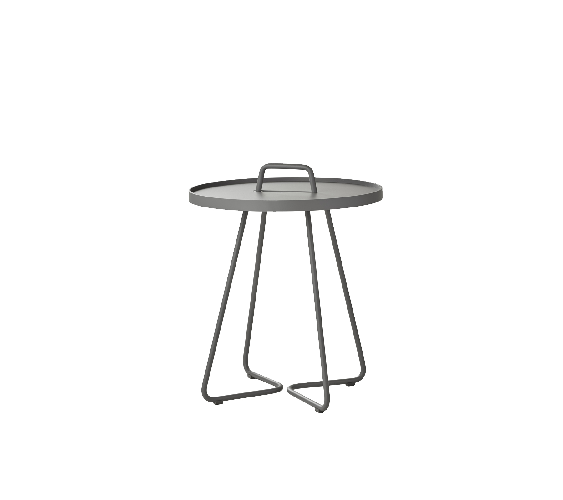 Litet runt bord med en grå bricka och minimalistiska metallben, med ett handtag för enkel rörlighet. Idealiskt för olika miljöer.