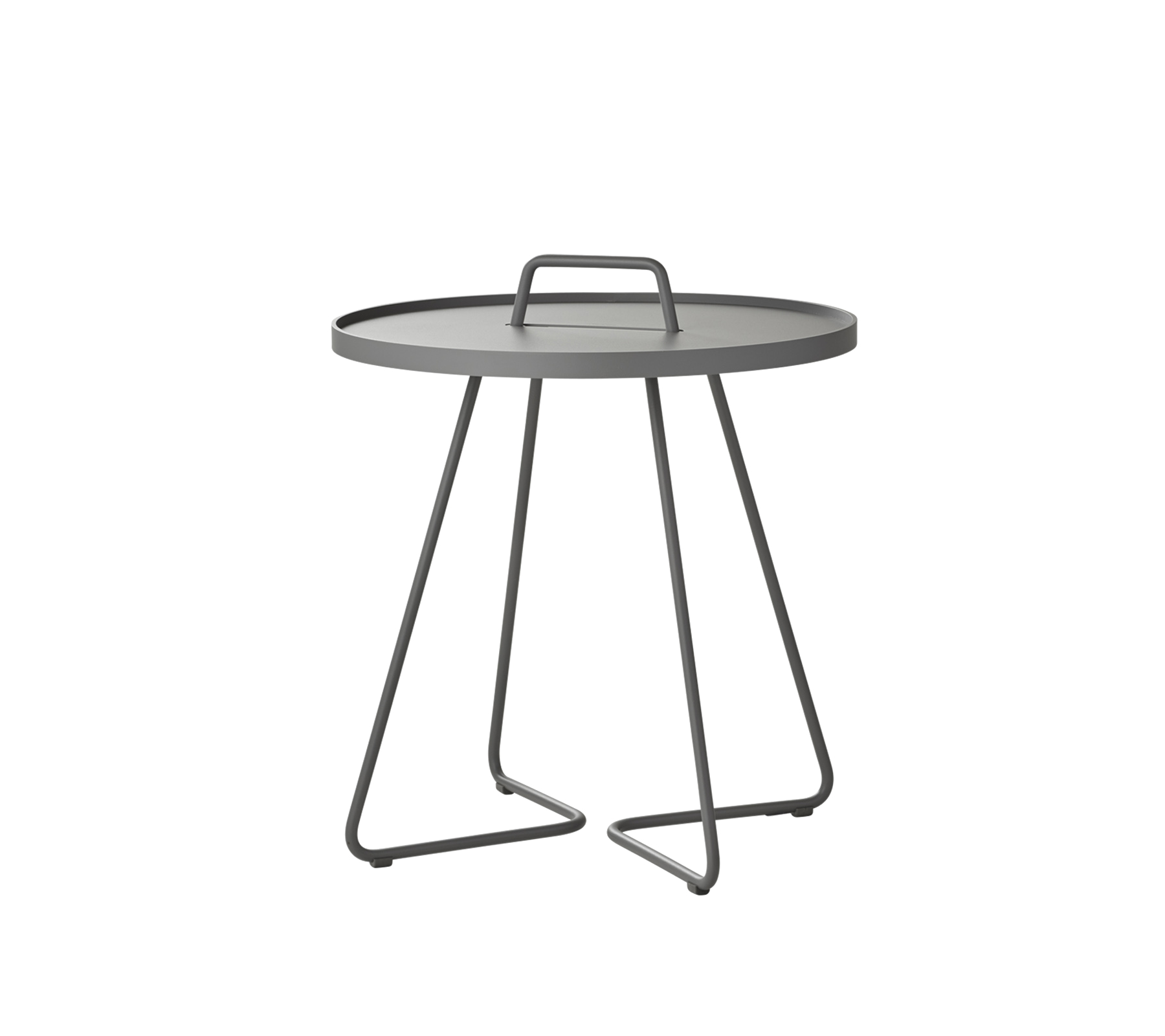 Runt bord med en slank grå topp och minimalistiska metallben, designat för mångsidig användning i olika miljöer.