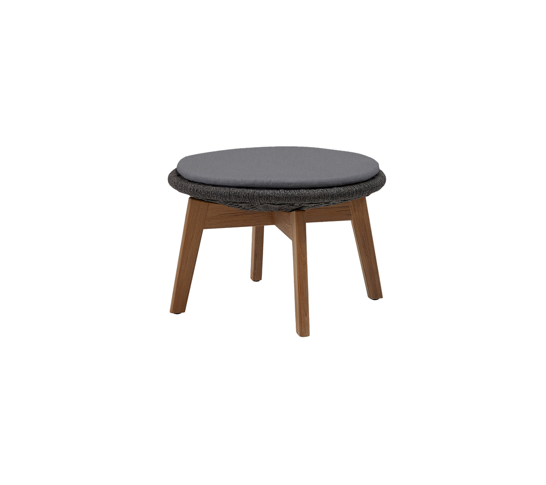 Rund ottoman med en mörkgrå stoppad topp och träben, designad för mångsidig sittplats eller som fotstöd.