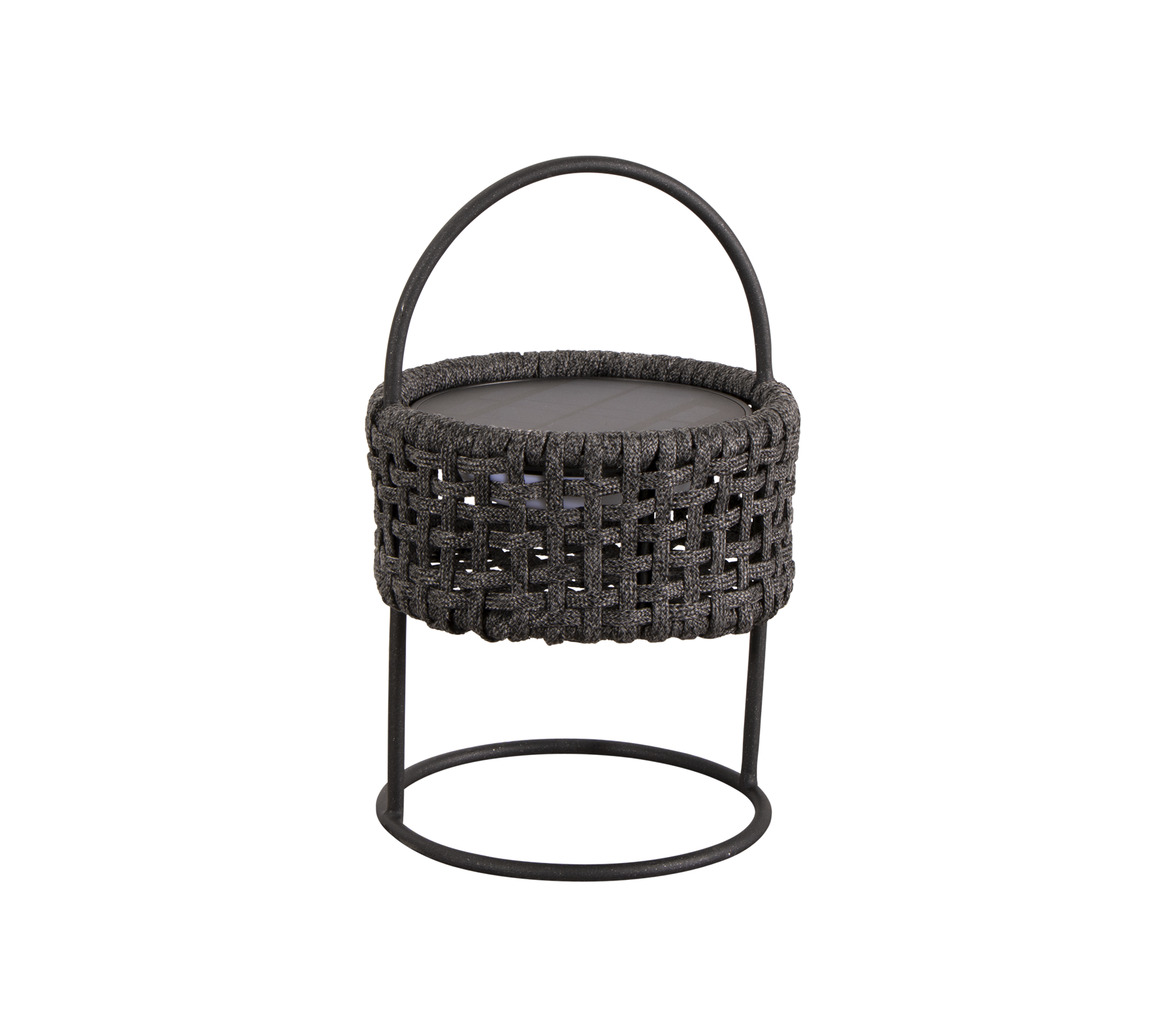 Vävd pall med runt säte och handtag, med en robust metallram och en stilren, modern design.