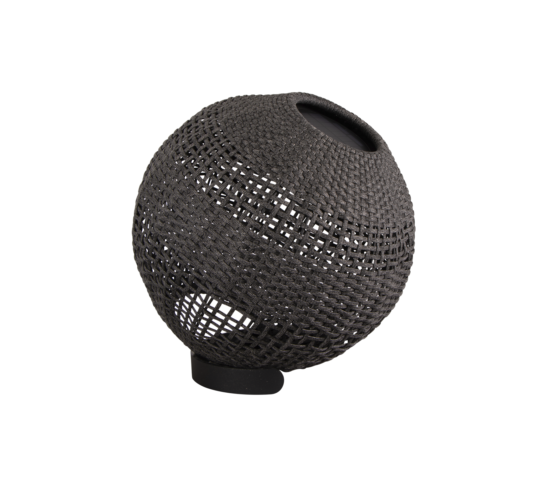 Dekorativ sfärisk lampa med vävd textur och minimalistisk design, med en subtil ljuskälla för atmosfärisk belysning.