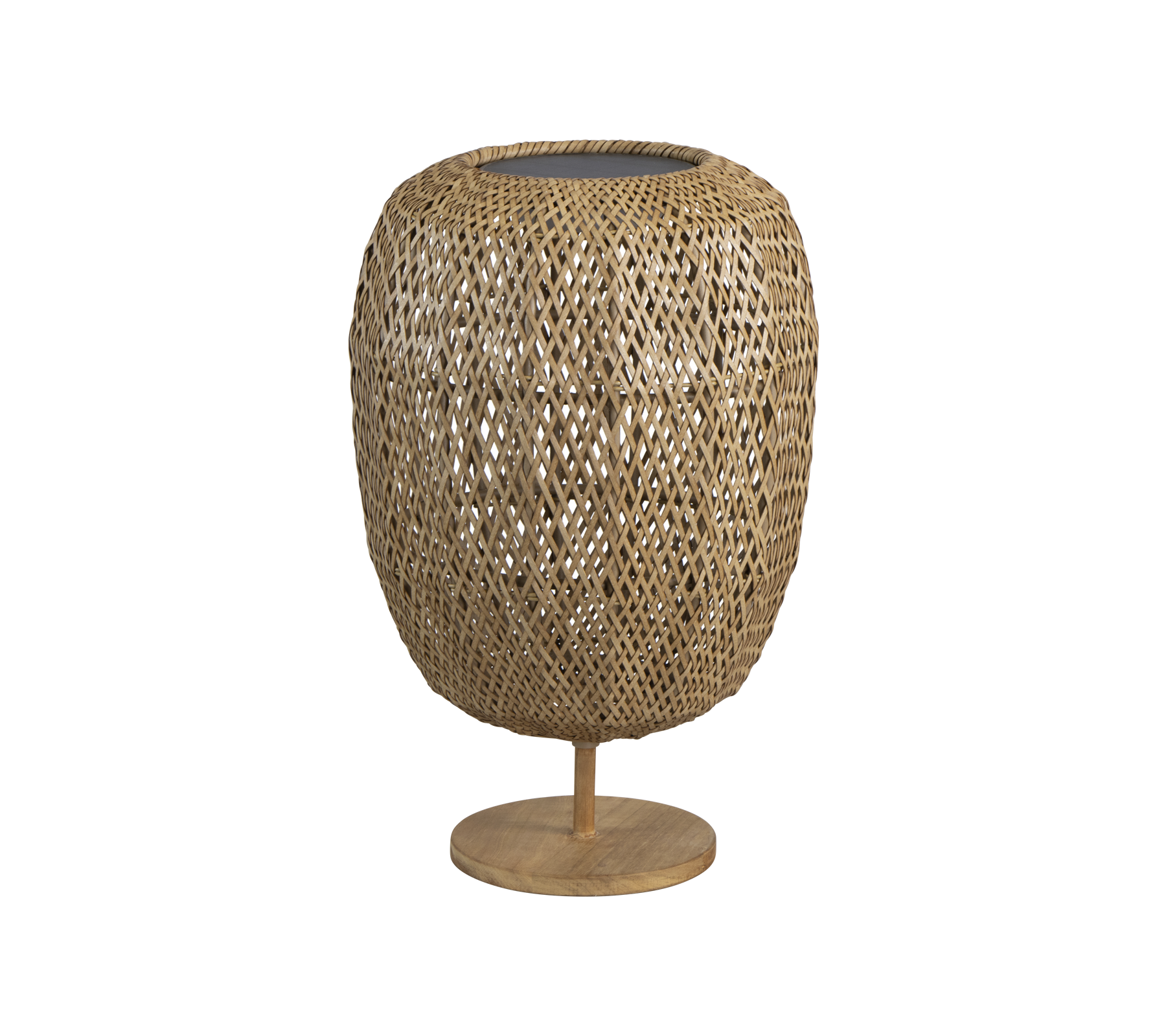 Vävd lampa i naturfiber med en rund form och en stabil bas som ger en stilren touch till alla inredningar.