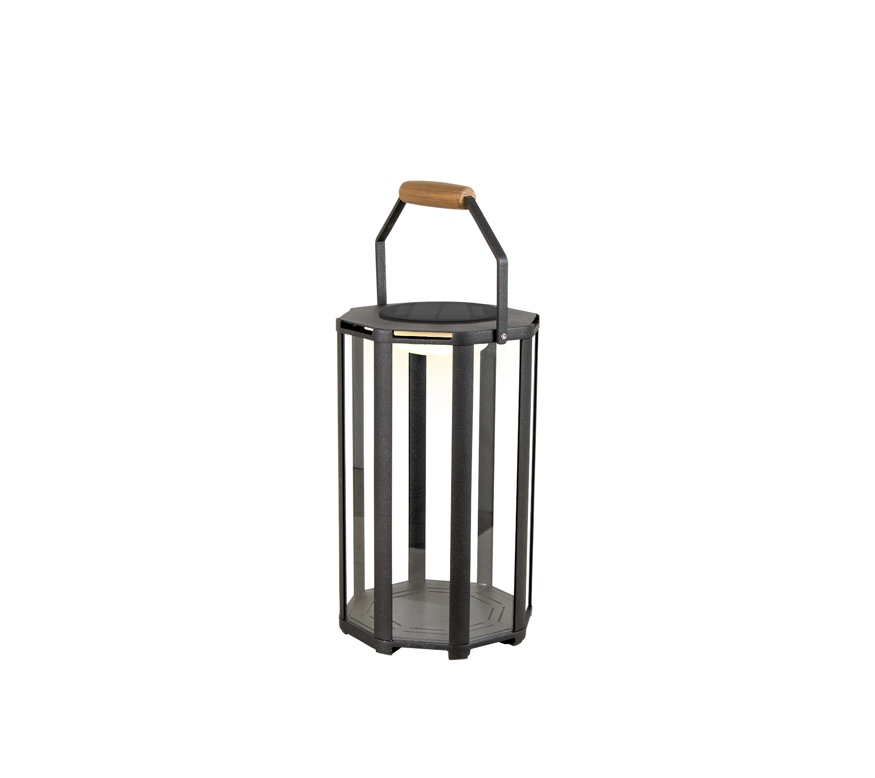 Stylisk lykta med metallram och ett trähandtag, utrustad med LED-belysning för en modern känsla.