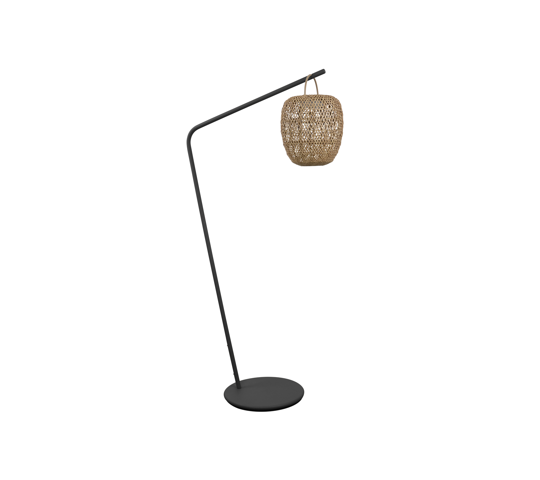 En stilig golvlampa med en böjd design och en vävd skärm, perfekt för att ge ett modernt inslag till ditt rum.