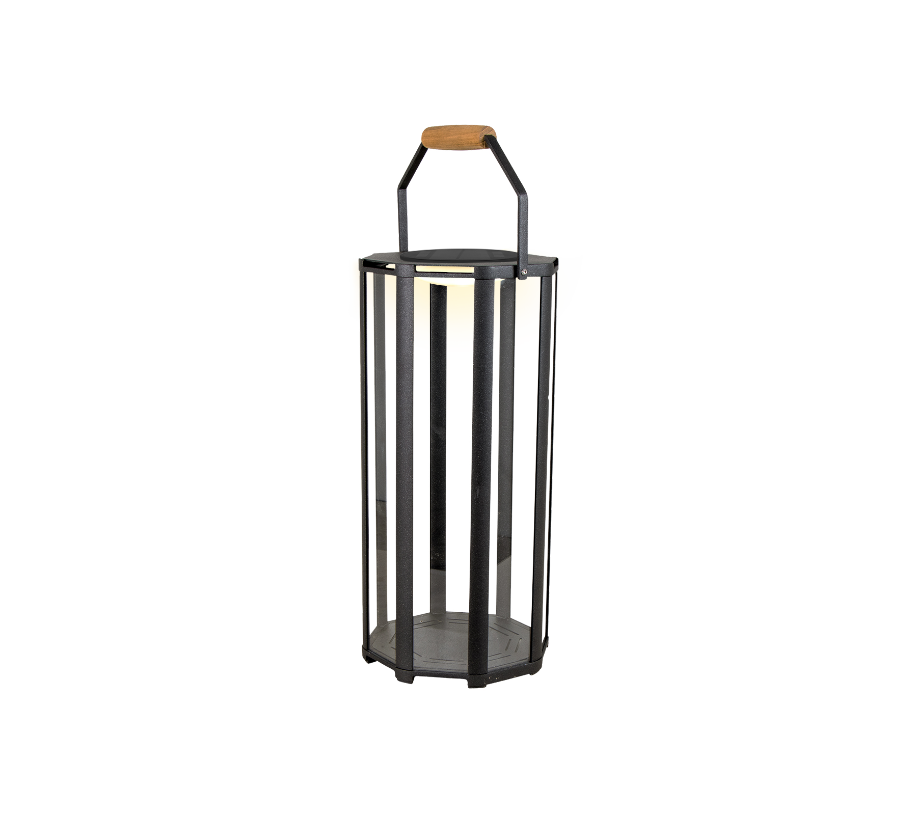 En cylindrisk lykta med en metallram med vertikala stänger och ett trähandtag, designad för LED-belysning.