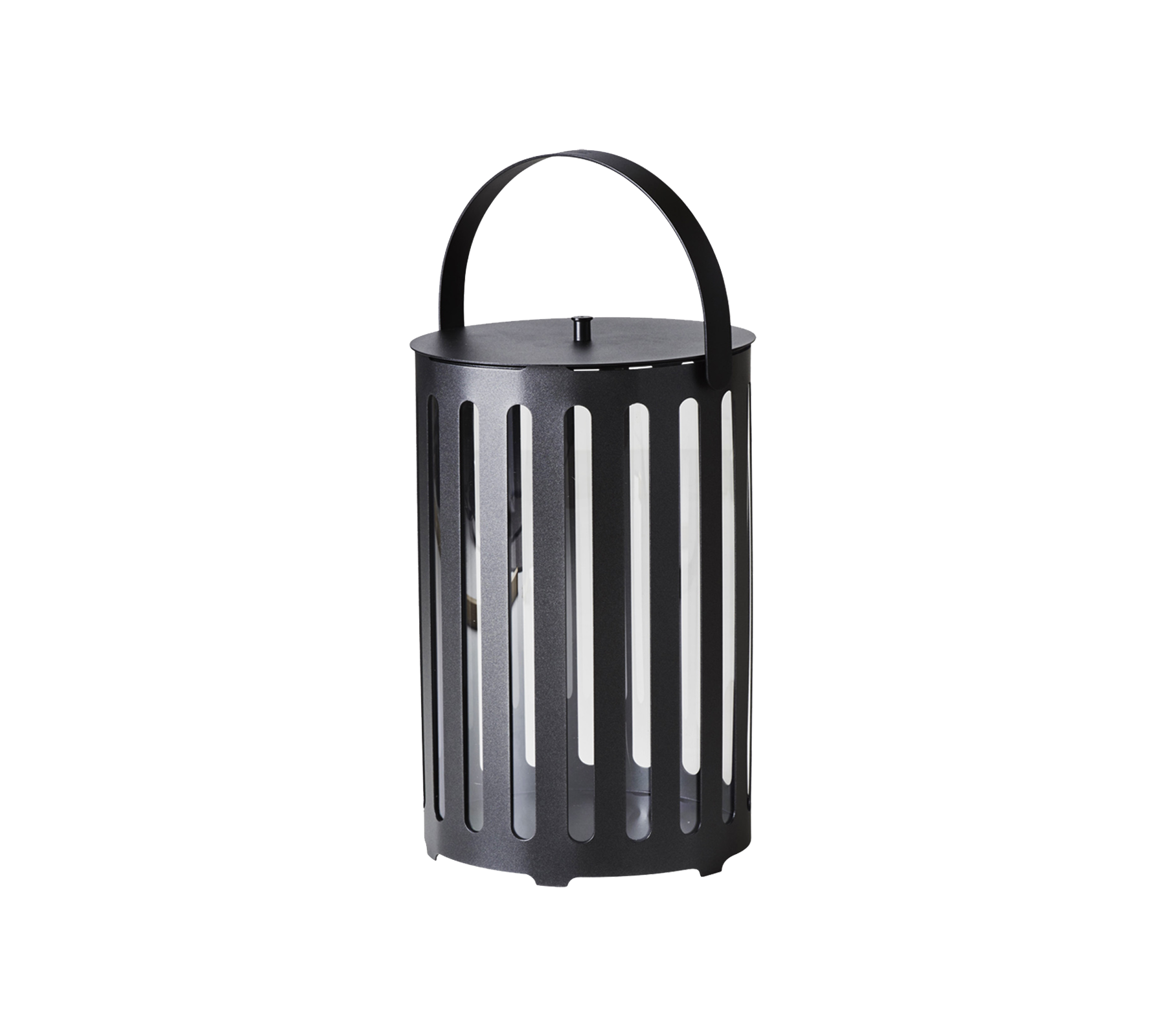 Svart metallampa med vertikala spjäll och ett handtag, designad för dekorativ belysning.