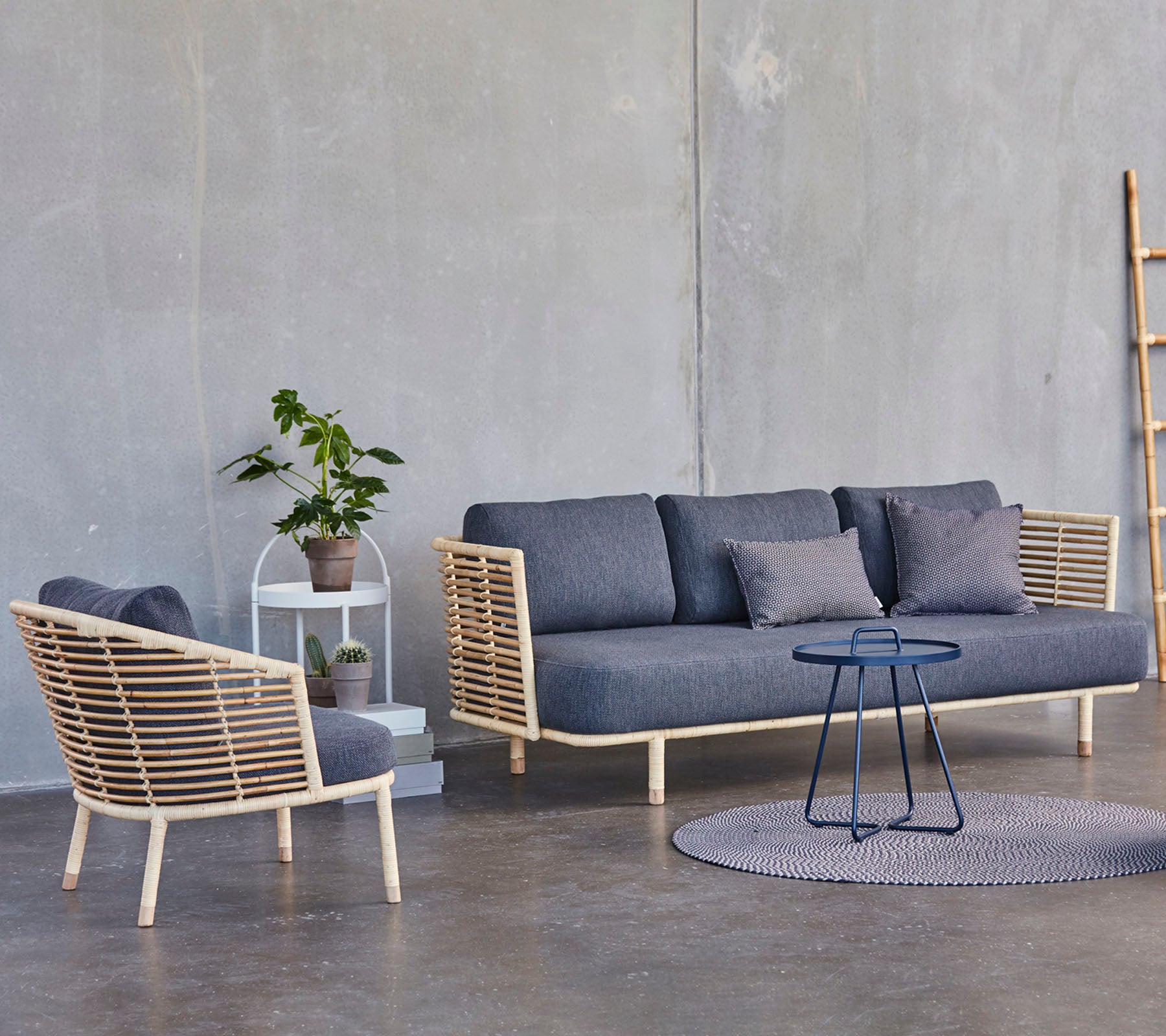 En modern sittgrupp med en stilfull soffa och fåtölj med trädetaljer, kompletterad med ett litet sidobord och en krukväxt.