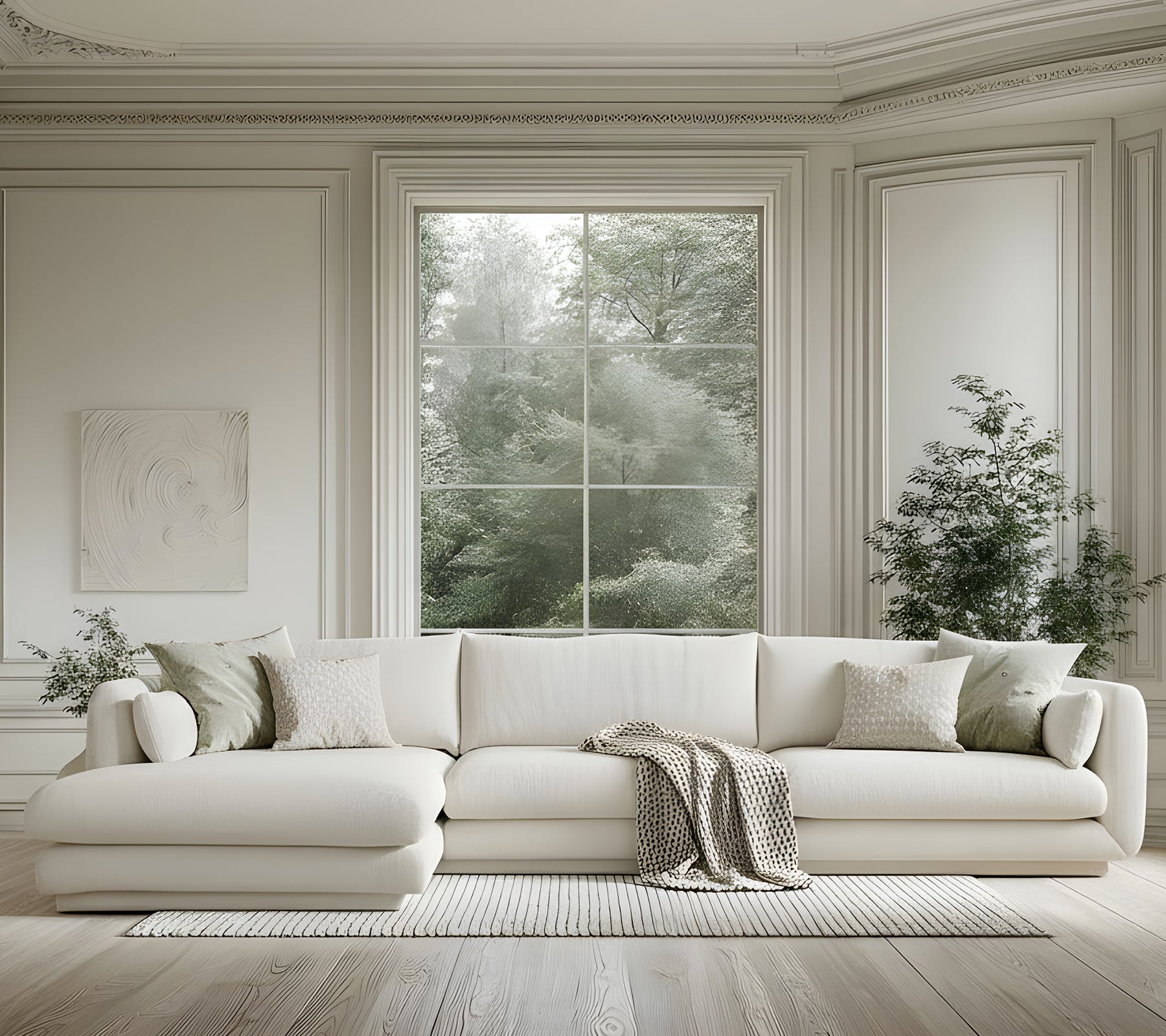 Modern vit soffa med gröna kuddar och en grå filt i en minimalistisk vardagsrumsmiljö.