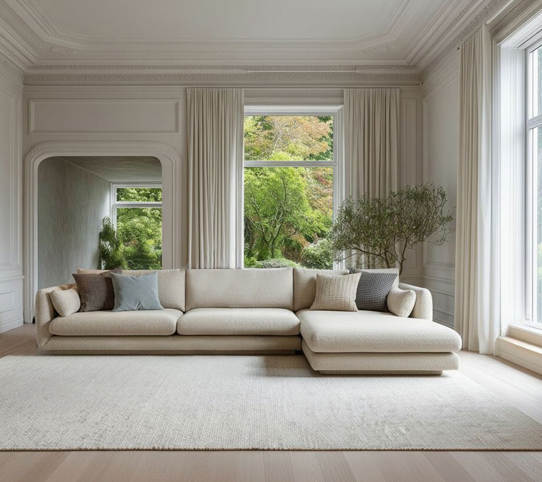 Beige modern soffa med grå kuddar i en minimalistisk loungemiljö.