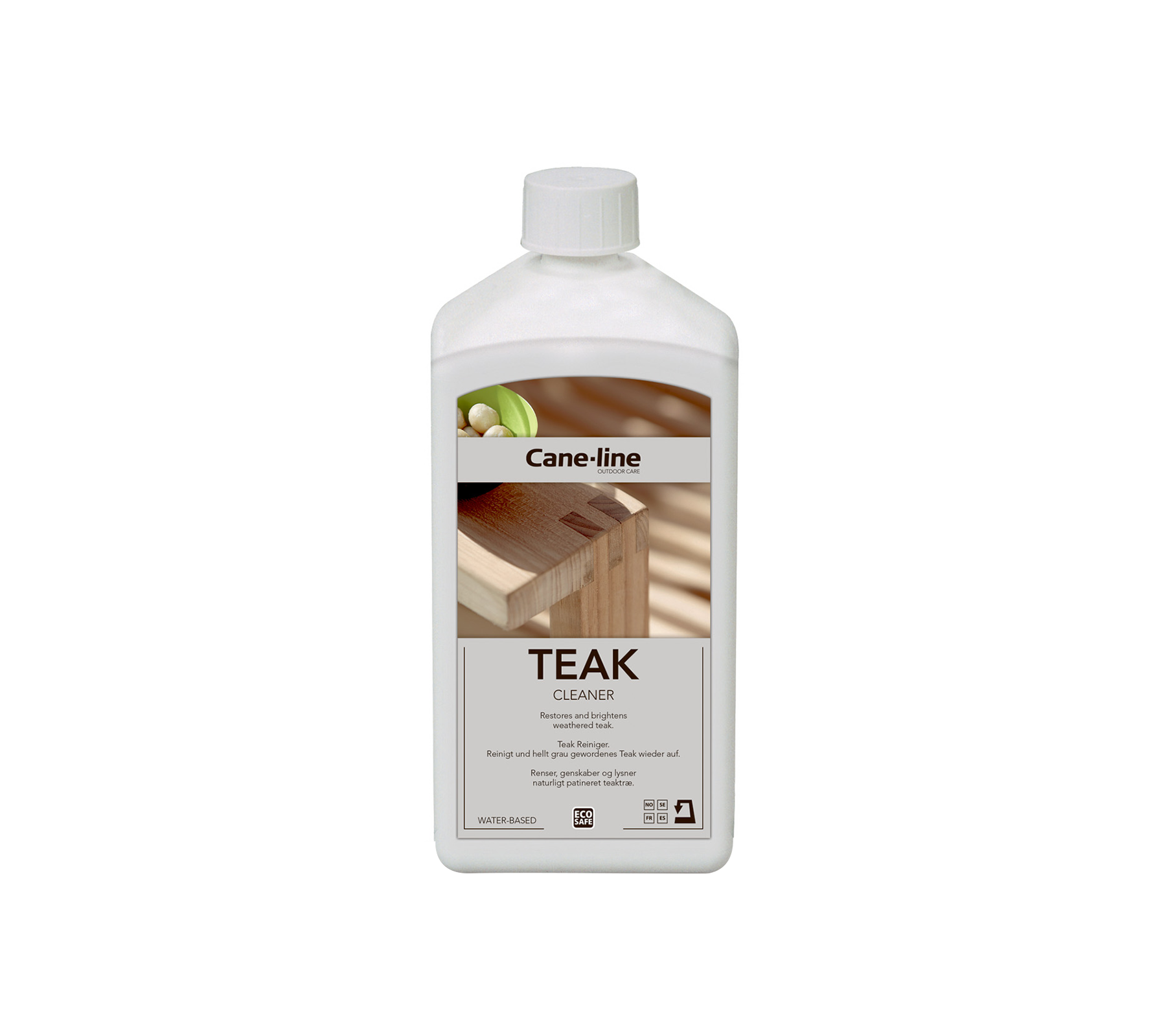 Flaska med teakolja för träskötsel, med etikett med produktinformation och bruksanvisning.