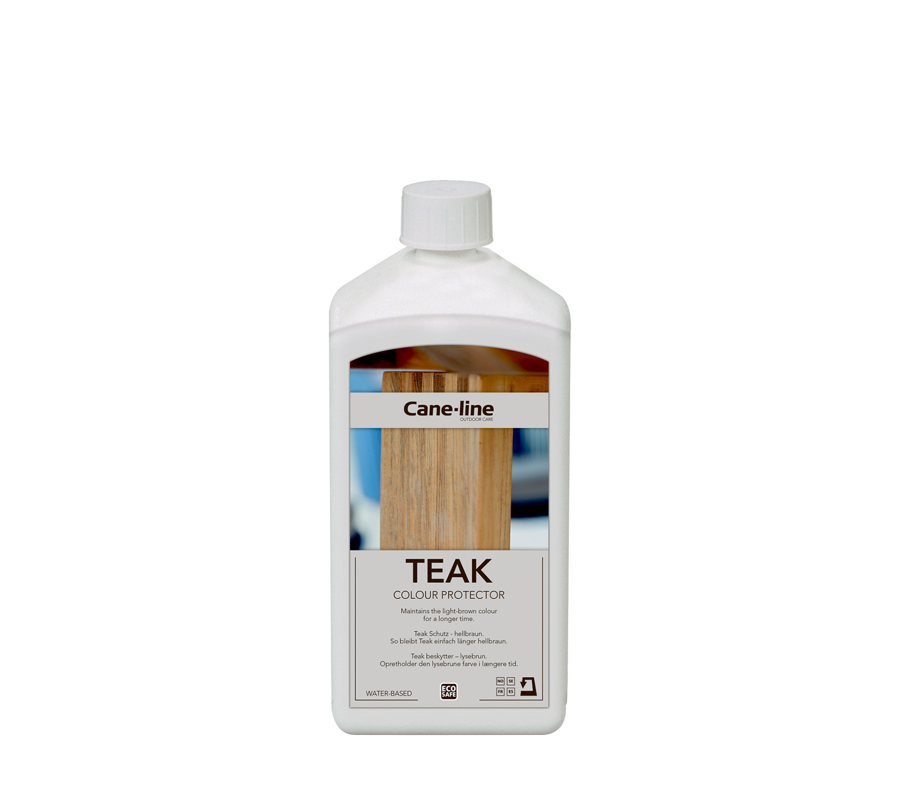 Behållare med teakfärgsprotektor från Cane-line, designad för att behålla och förbättra utseendet på teakytor.