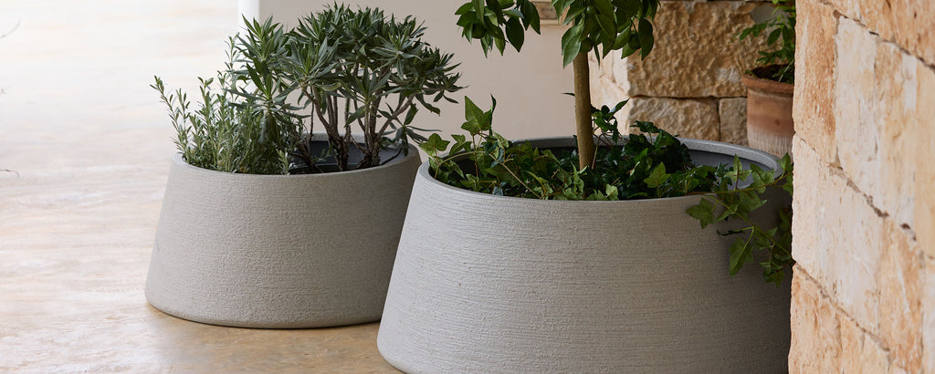 Two modern grey planters with greenery in an outdoor setting.