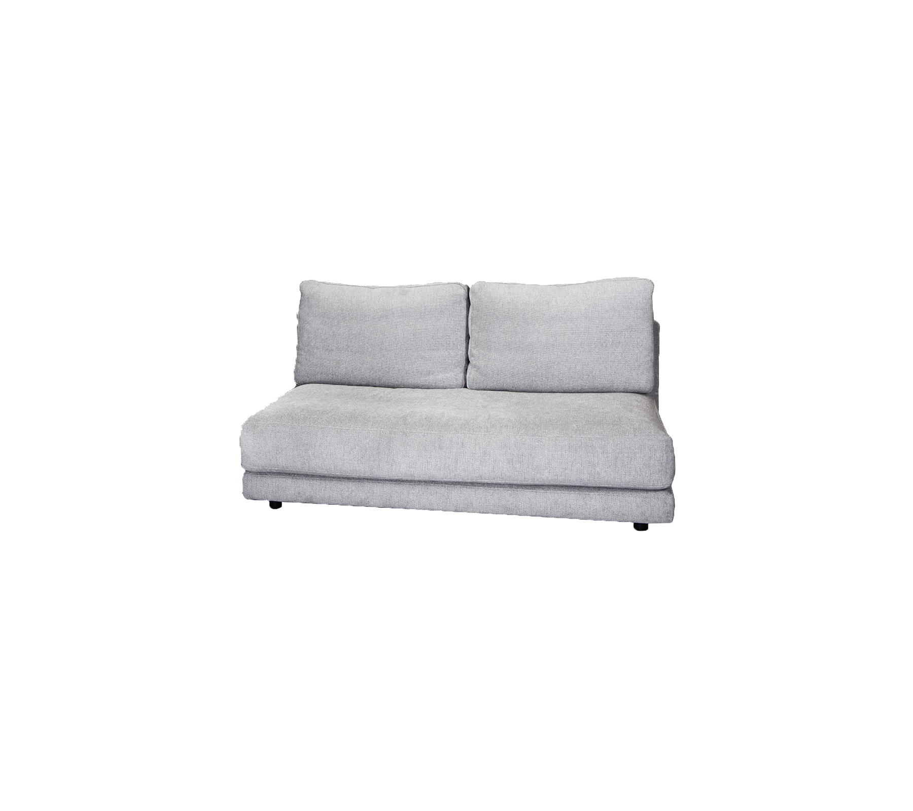 Grå klädd soffa med två ryggkuddar som har en slank, modern design. Ideal för att förbättra mysiga utrymmen.