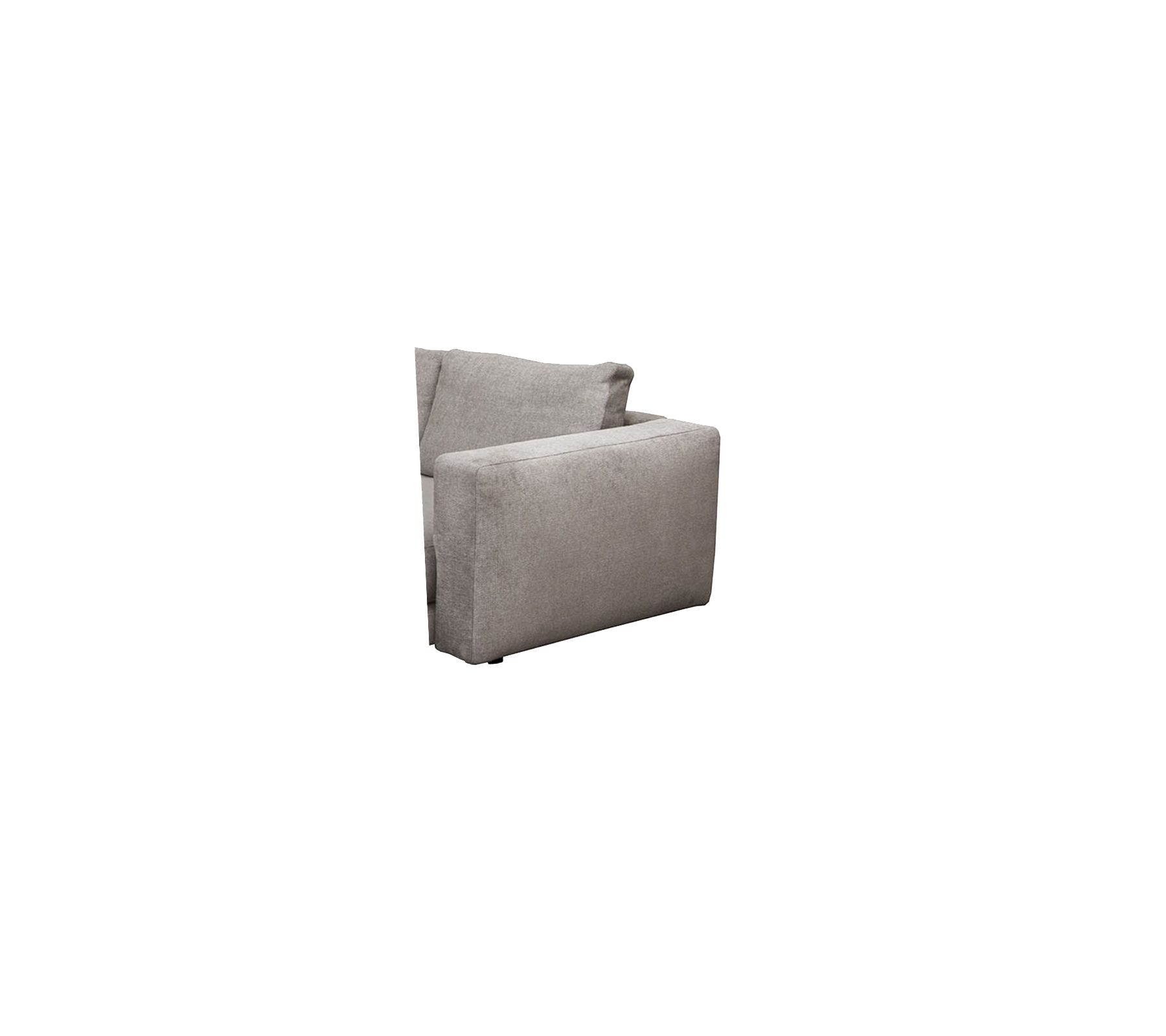 En modern, minimalistisk fåtölj i mjukt grått tyg, med rena linjer och en samtida design. Ideal för stilfull sittning.