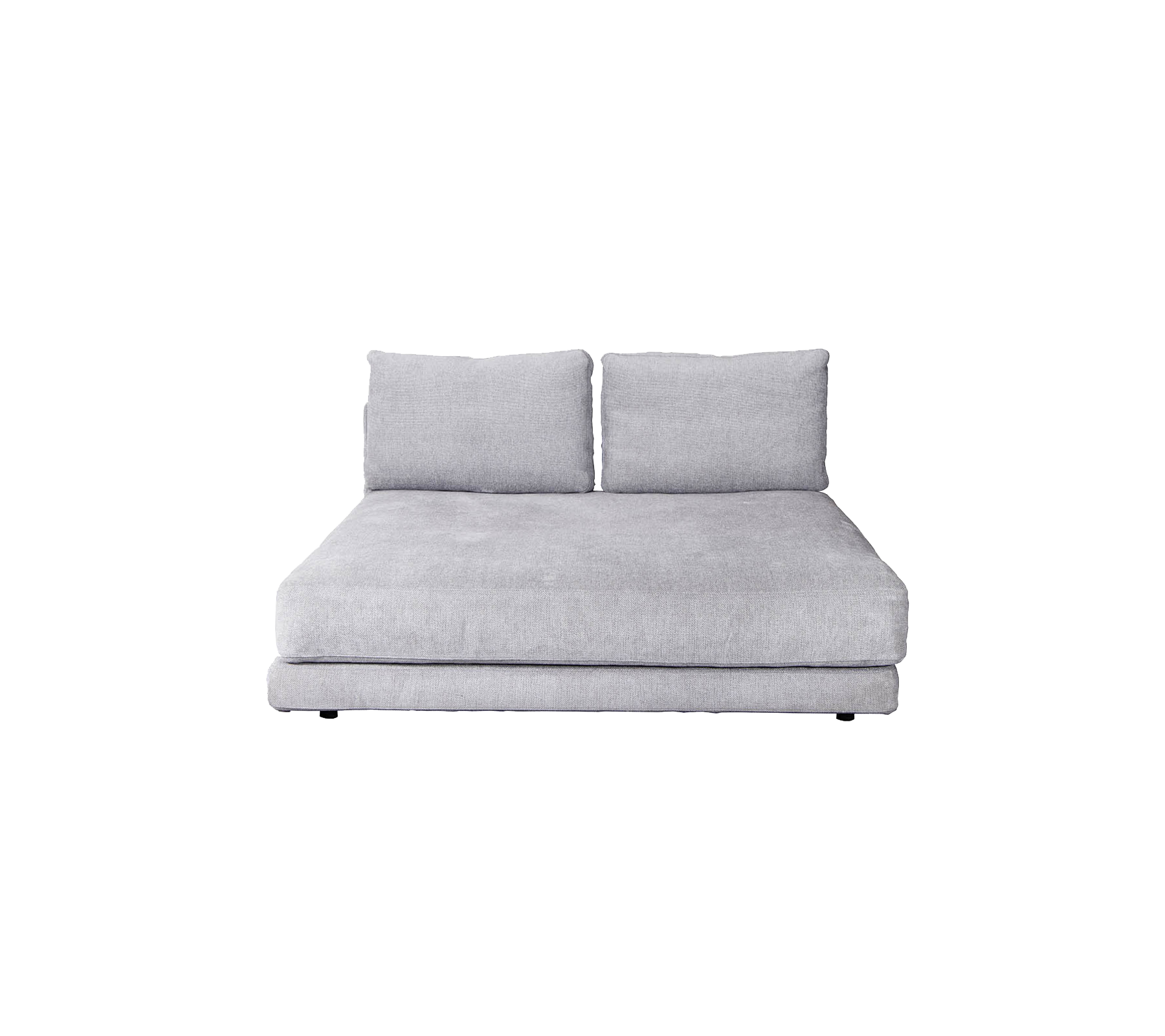 Stilfull grå soffa med två ryggkuddar, som erbjuder en modern och minimalistisk design, idealisk för samtida utrymmen.