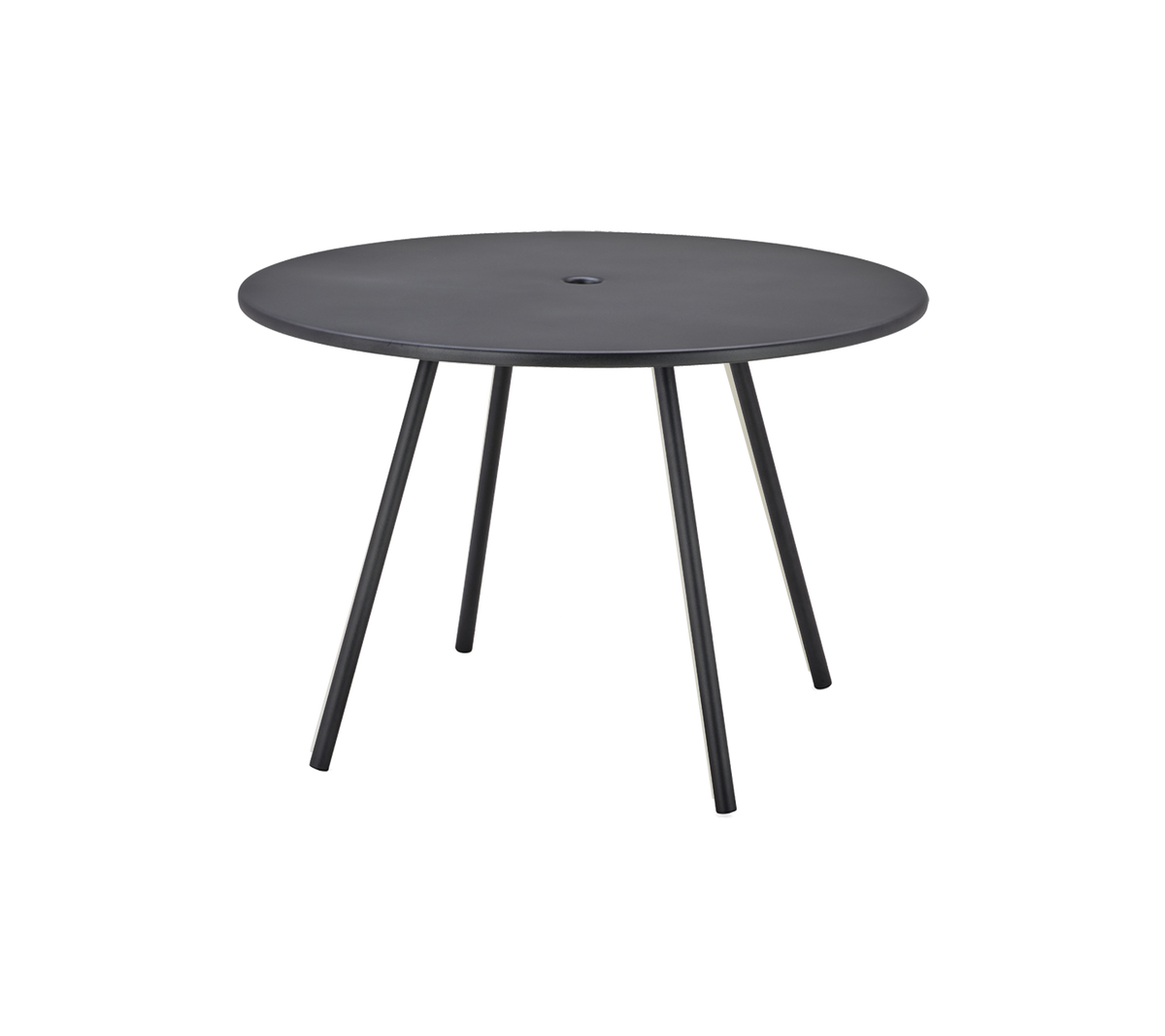 Runt svart bord med en slät yta och tre smala ben, designat för mångsidig användning.