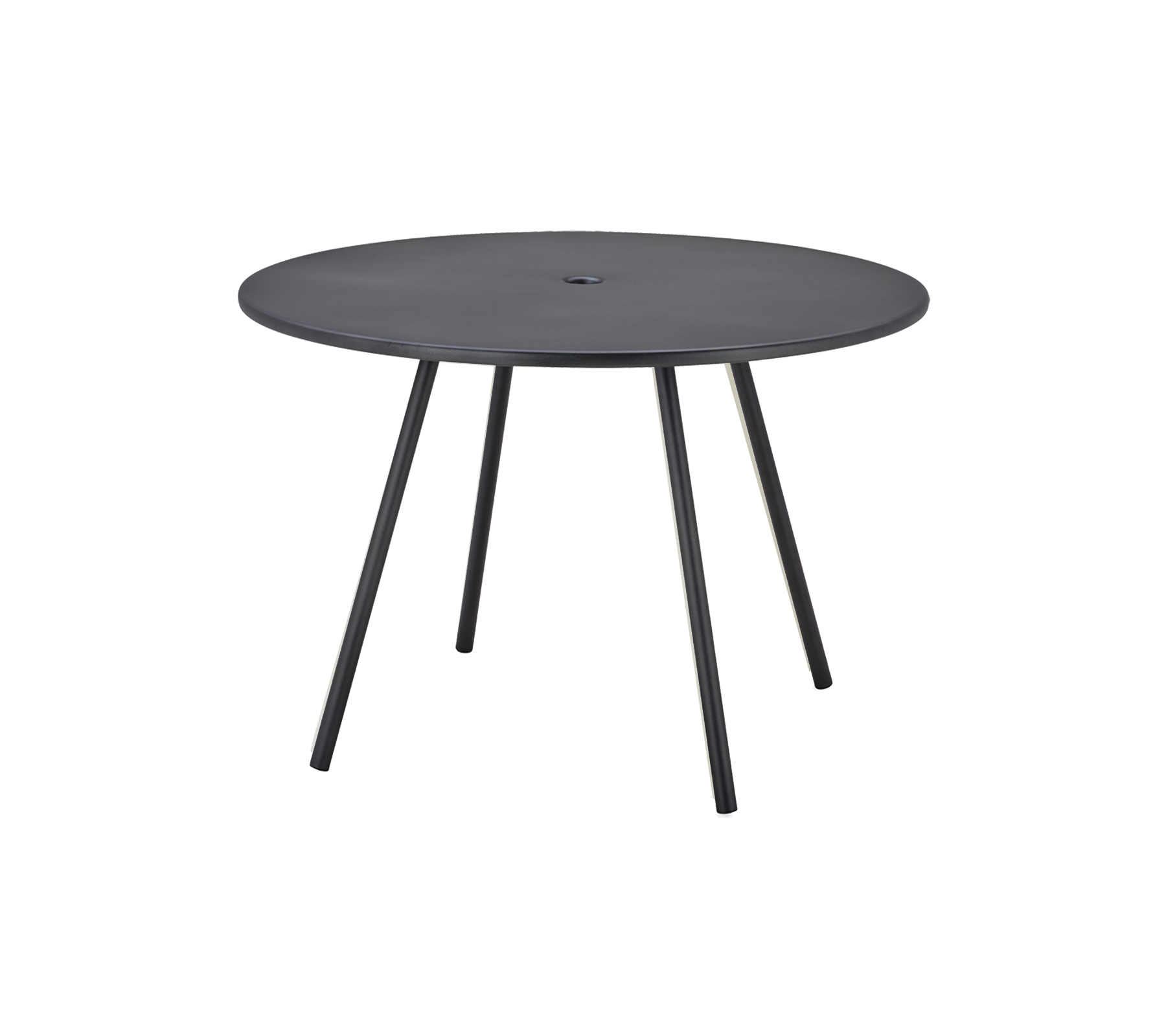 Runt svart bord med en slät yta och tre smala ben, designat för mångsidig användning.