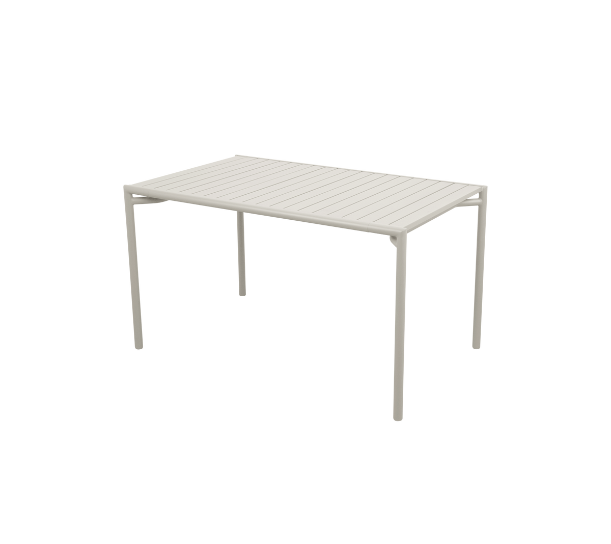Rektangulärt bord med en lamellerad yta och fyra raka ben, med en modern och minimalistisk design i en ljus färg.