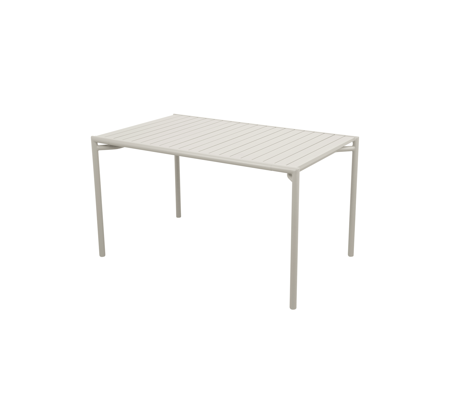 Rektangulärt bord med en lamellerad yta och fyra raka ben, med en modern och minimalistisk design i en ljus färg.
