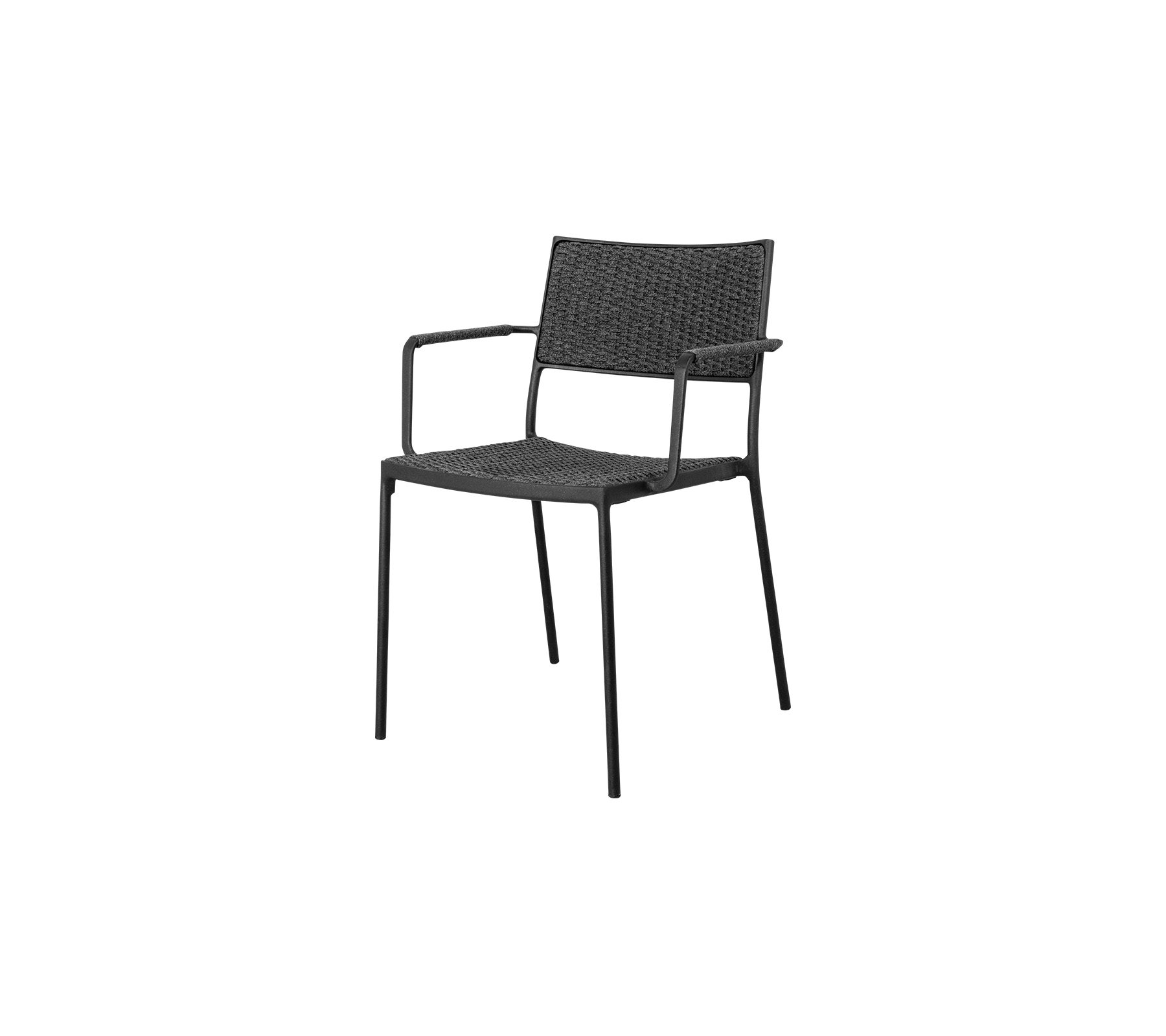 Svart vävd fåtölj med minimalistisk design, med en robust ram och bekväm sittplats för avslappnade eller formella miljöer.