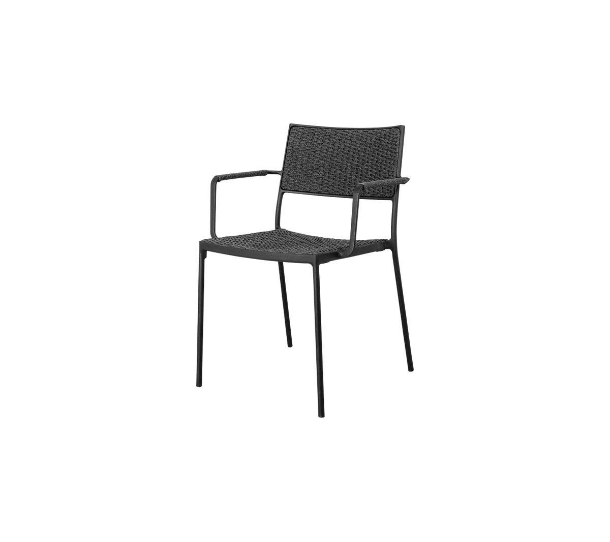 Svart vävd fåtölj med minimalistisk design, med en robust ram och bekväm sittplats för avslappnade eller formella miljöer.