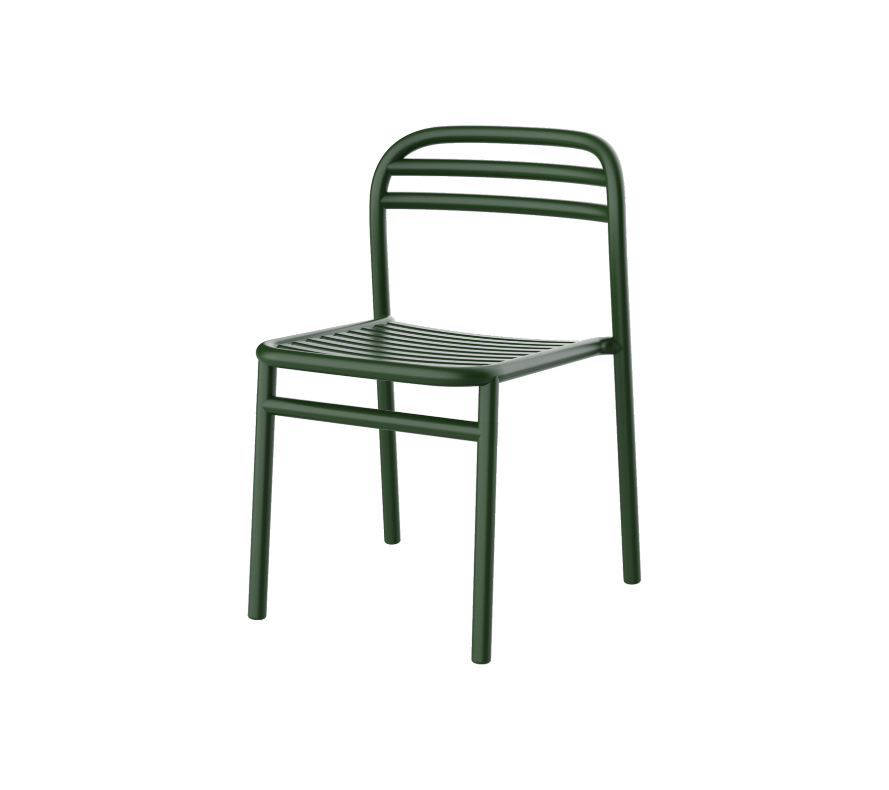 Grön metallstol med en enkel design, med lameller för sittdyna och ryggstöd för komfort och stil. Perfekt för mångsidiga miljöer.