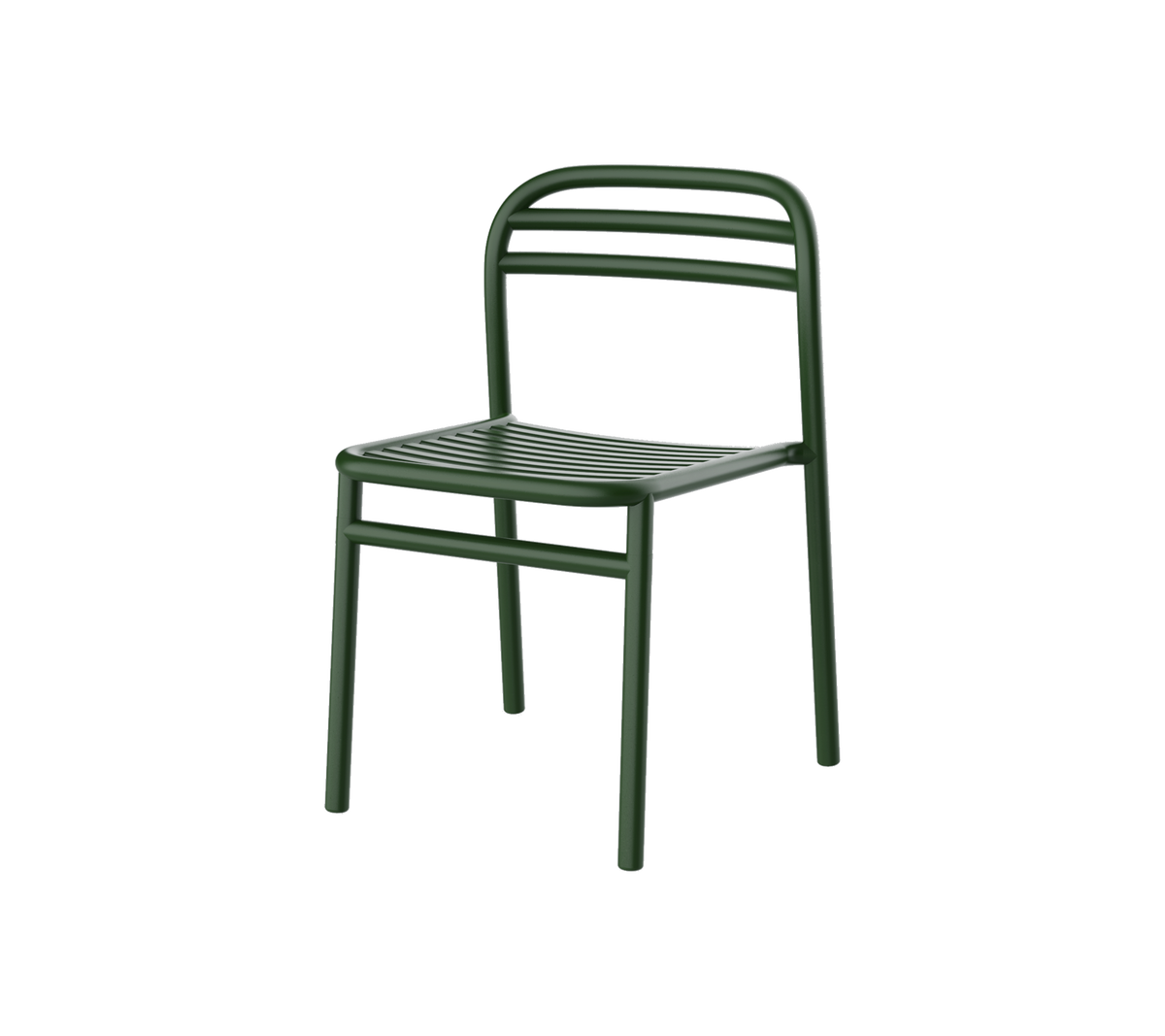 Grön metallstol med en enkel design, med lameller för sittdyna och ryggstöd för komfort och stil. Perfekt för mångsidiga miljöer.