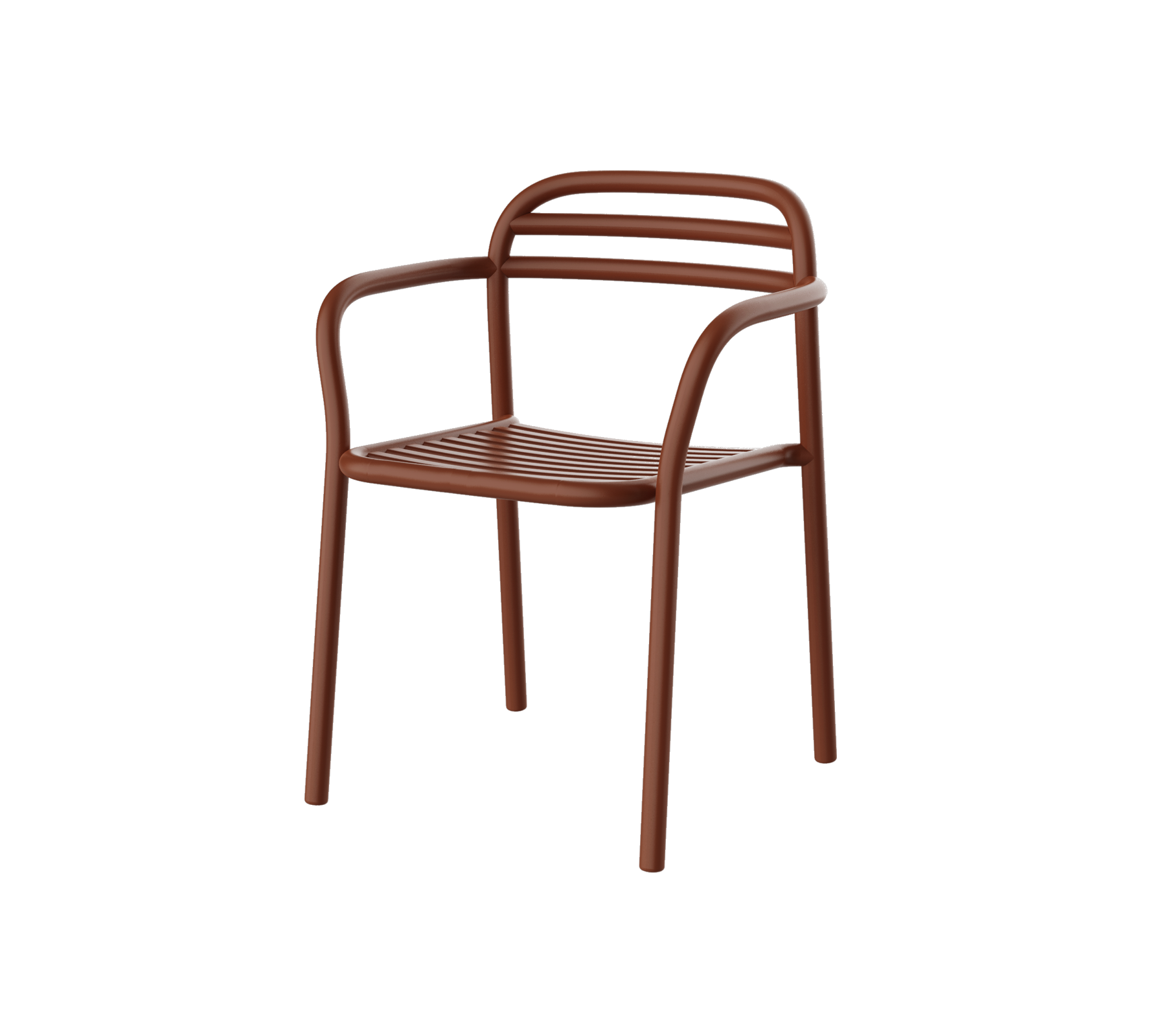 Brun stol med modern design som har böjda armar och horisontella lameller på ryggstödet. Ideal för avslappnat sittande.