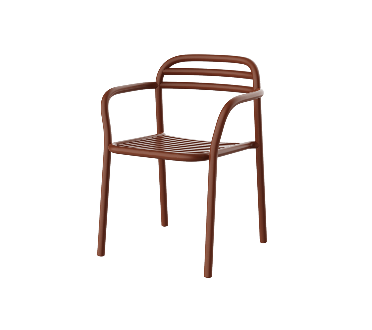 Brun stol med modern design som har böjda armar och horisontella lameller på ryggstödet. Ideal för avslappnat sittande.