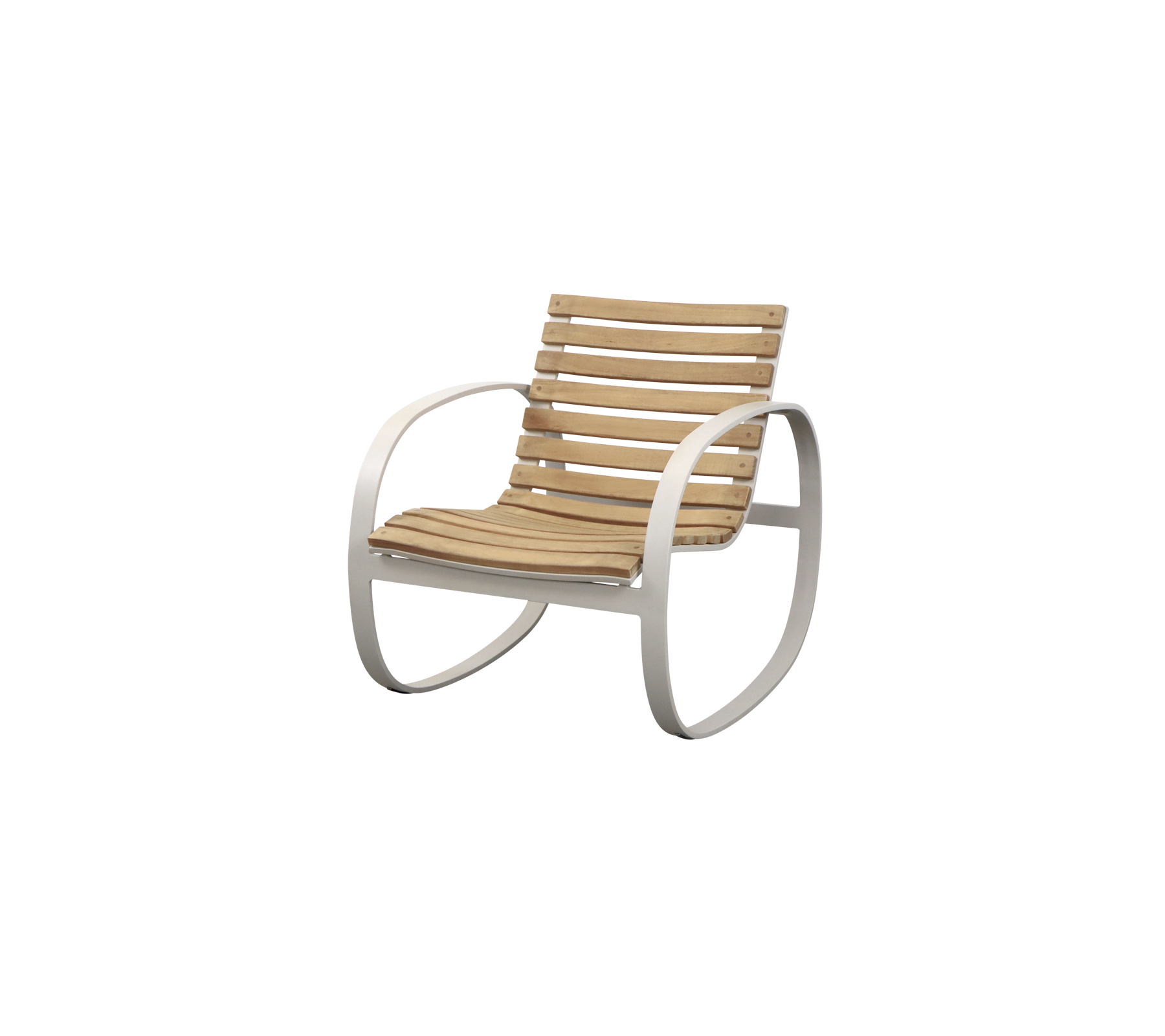 Stilig gungstol med en lamellträdsits och en elegant, böjd metallram. Ideal för avslappnat sittande och komfort.