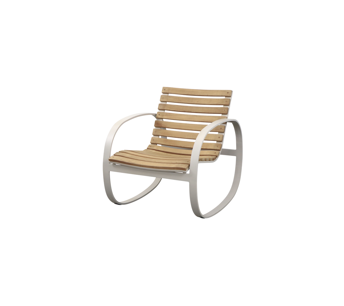 Stilig gungstol med en lamellträdsits och en elegant, böjd metallram. Ideal för avslappnat sittande och komfort.