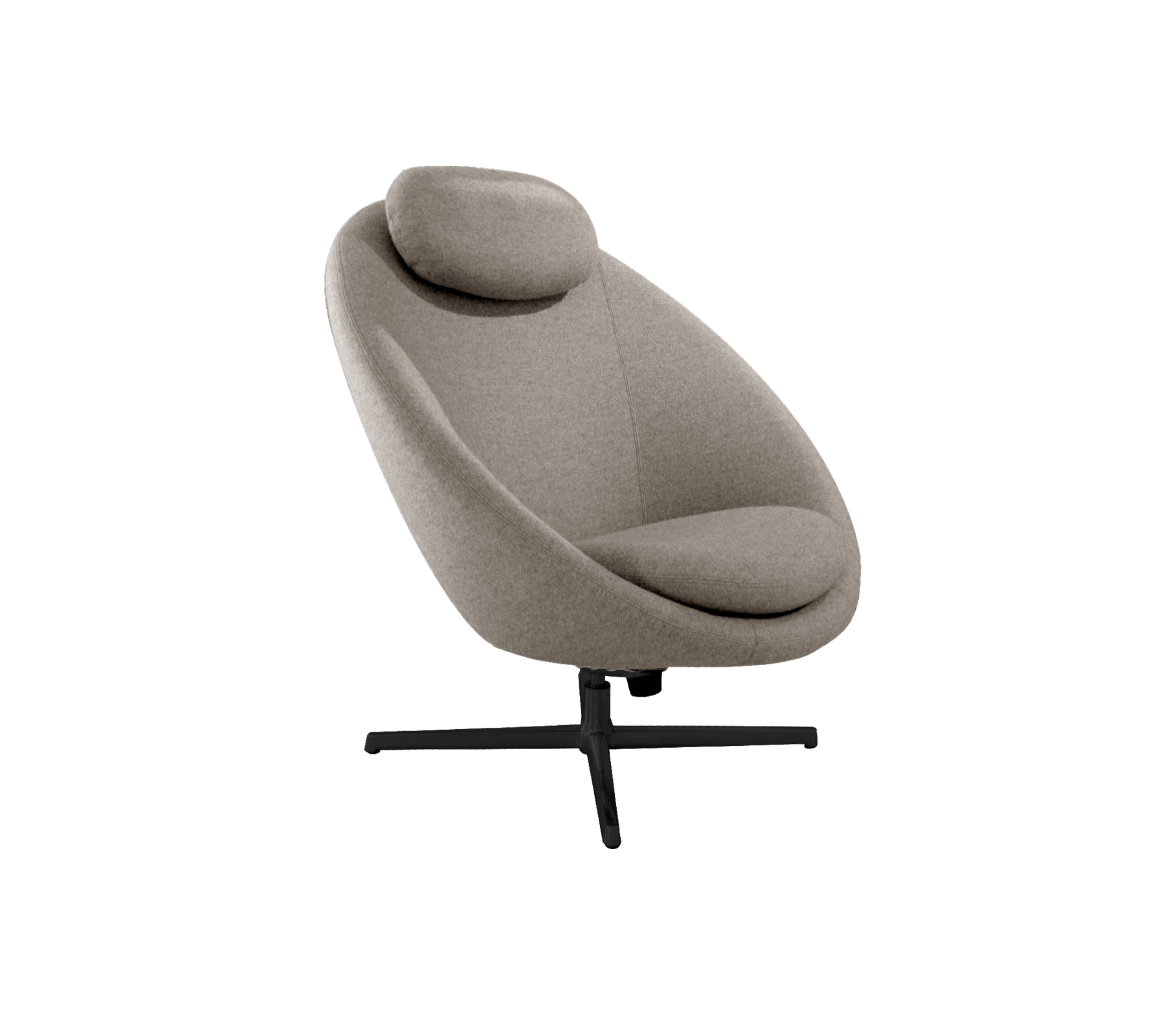 Stilren loungestol med böjd design, mjukt tyg och ett stödjande nackstöd, monterad på en slank bas.