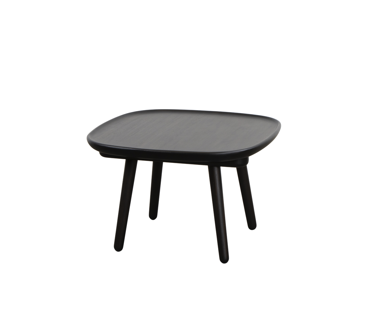 Kvadratisk svart bord med en slät yta och fyra slanka ben, designat för mångsidighet och enkelhet i stil.