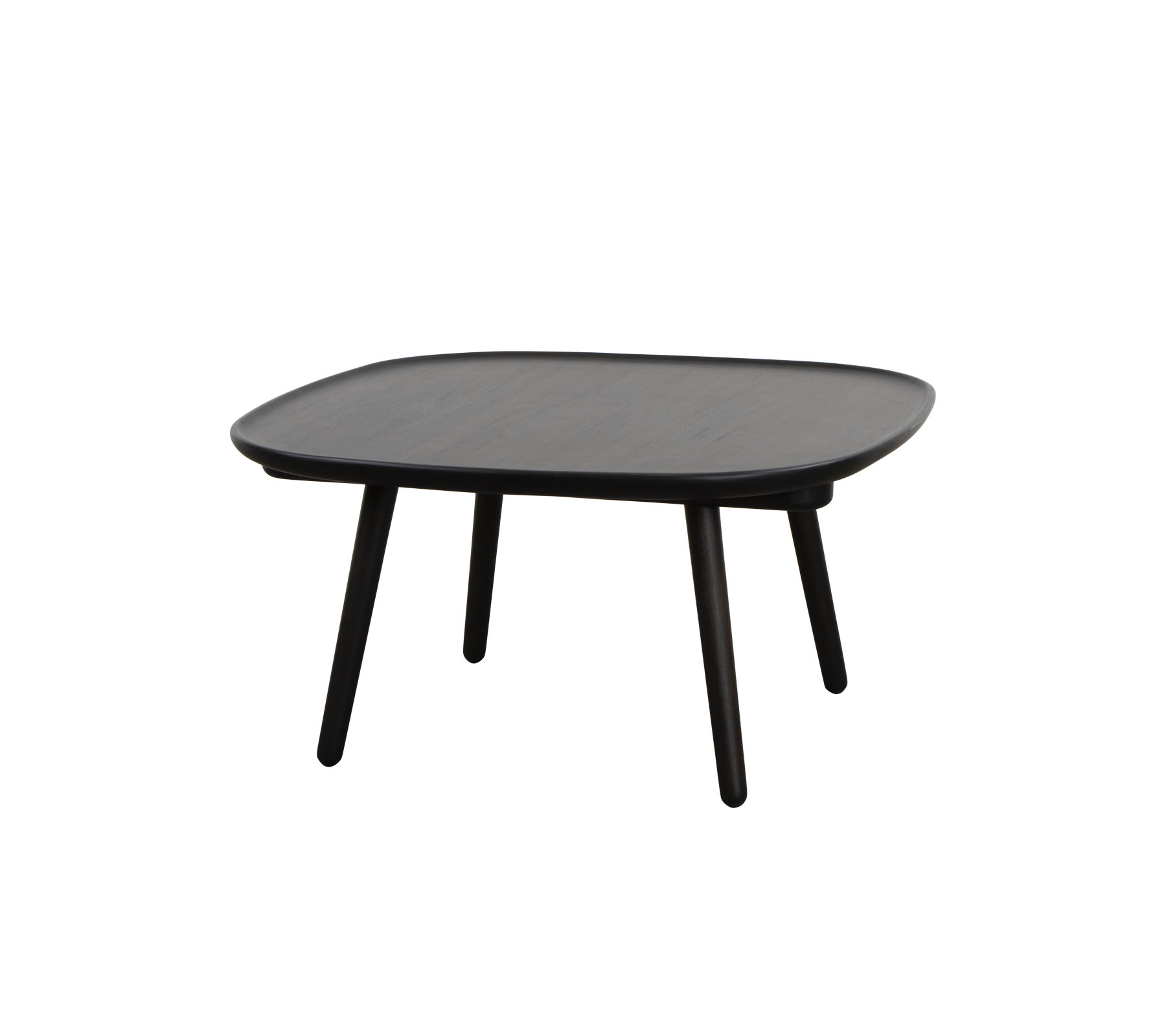 Fyrkantigt svart bord med en slät yta och fyra smala ben, designat för mångsidig användning i olika miljöer.