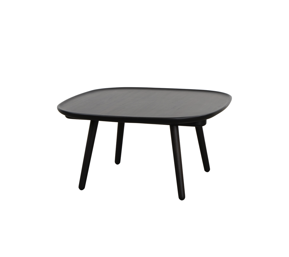 Fyrkantigt svart bord med en slät yta och fyra smala ben, designat för mångsidig användning i olika miljöer.