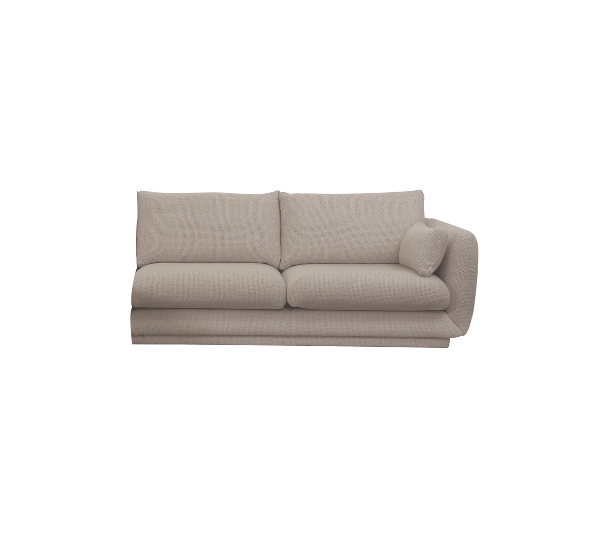 Ljusbrun modern soffa med två kuddar i en loungeinredning.