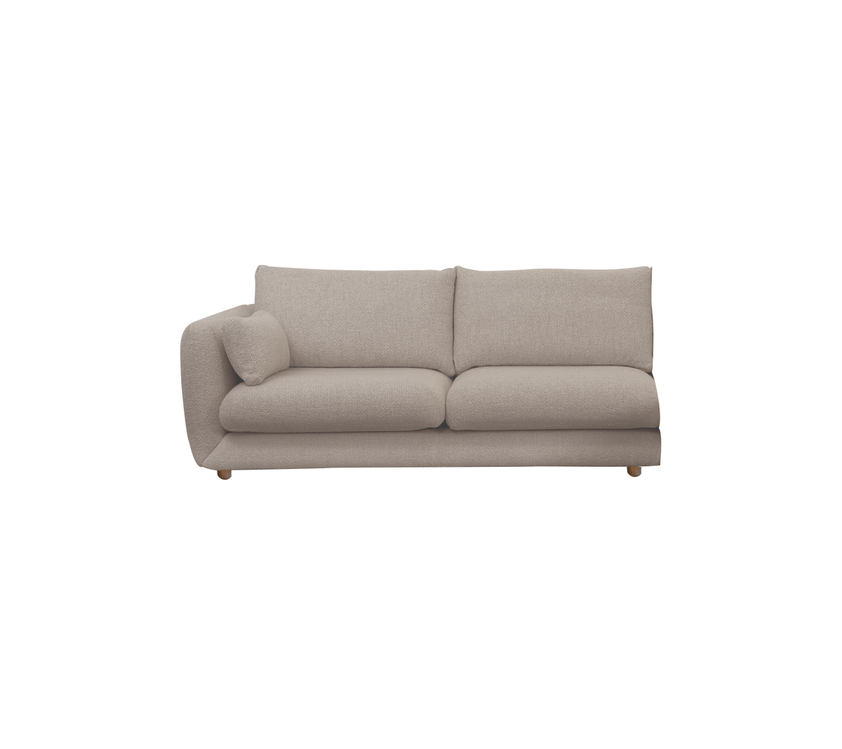 Ljusbrun modern soffa med minimalistisk design och rund arm.