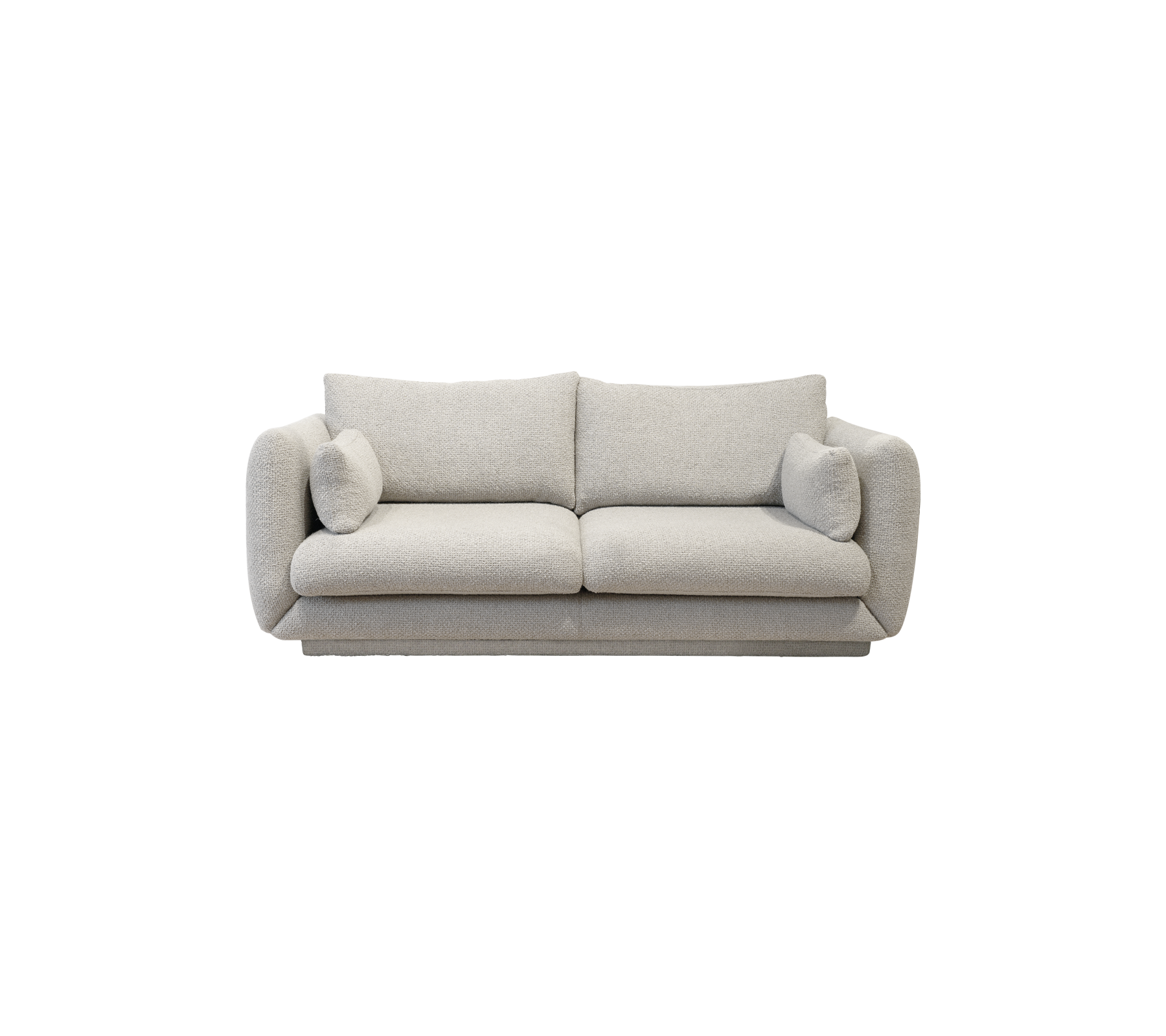 En stilren, modern soffa i ljusgrått tyg med mjuka kuddar och mjuka, rundade kanter för komfort och elegans.