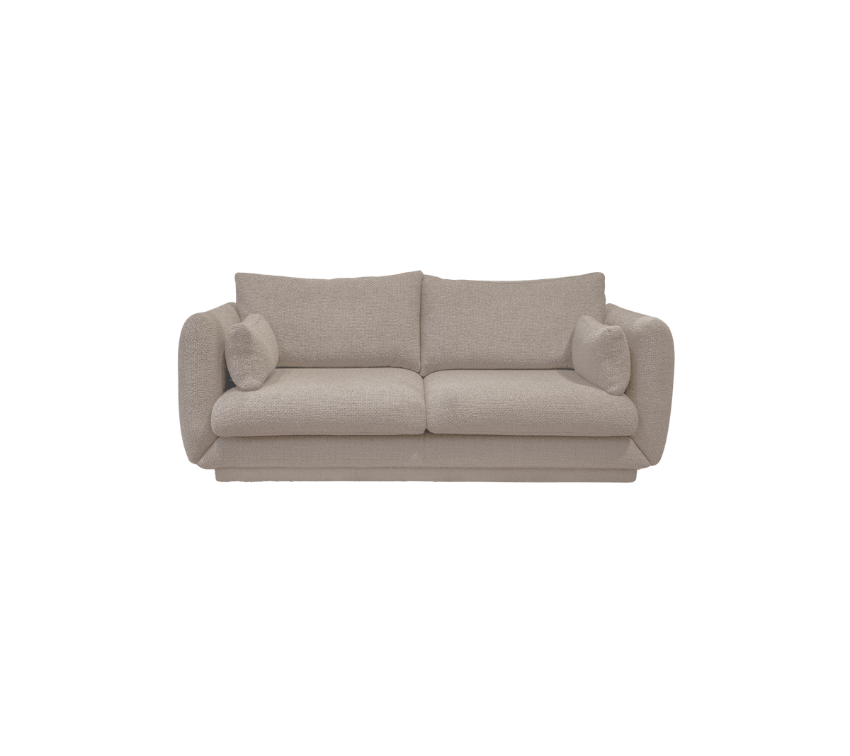 Ljusbrun soffa med rundade kuddar i en modern design.