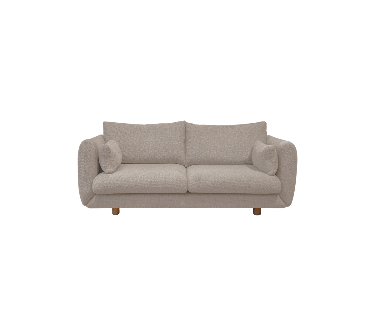 Ljusbrun soffa med runda kuddar i en modern lounge-miljö.