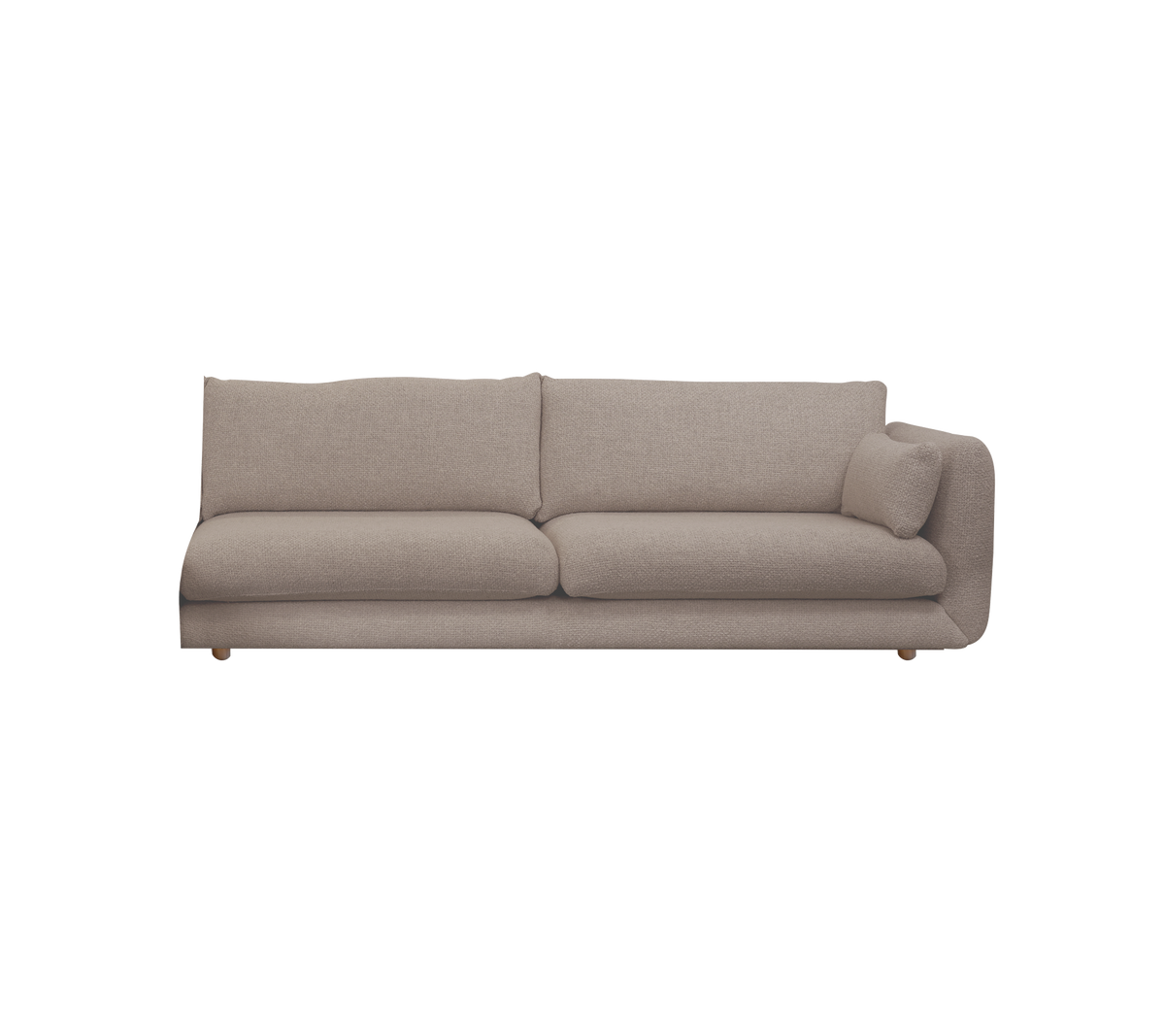 Modern ljusbrun soffa med mjuka kuddar.