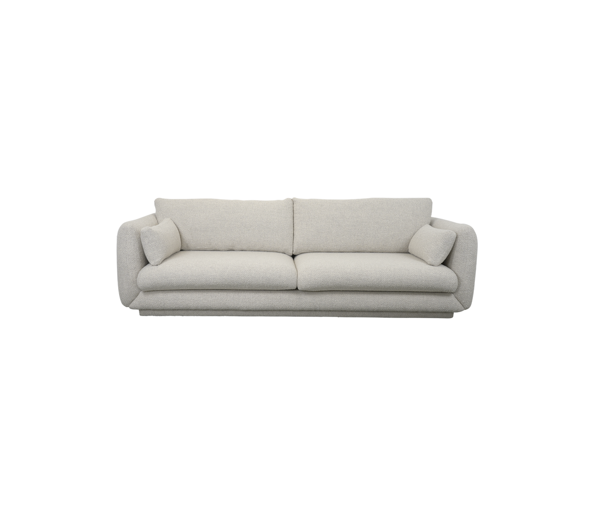 En modern, ljus soffa med plyschkuddar och två dekorativa kuddar i varje ände, designad för komfort och stil.