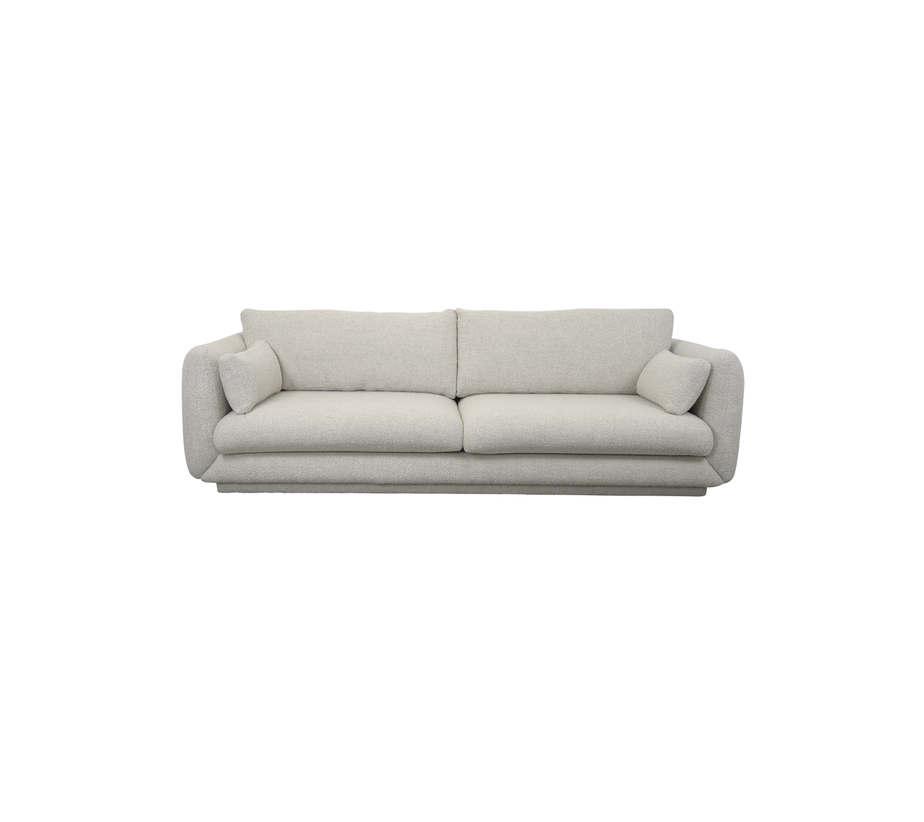En modern, ljus soffa med plyschkuddar och två dekorativa kuddar i varje ände, designad för komfort och stil.