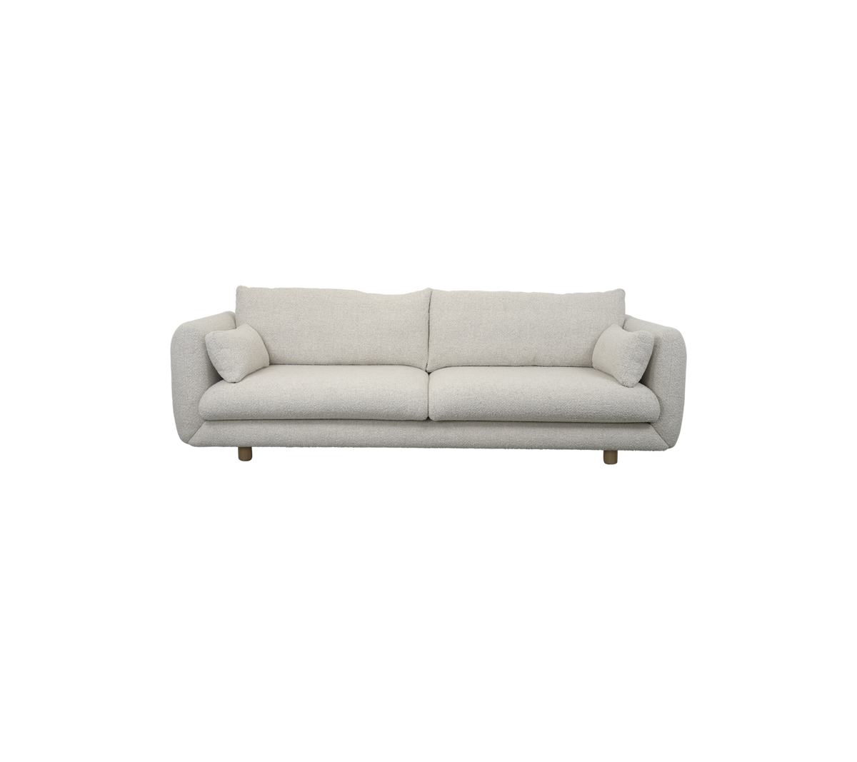 Ljust färgad, plyschsoffa med två matchande kuddar, som har en modern design och rena linjer för ett stiligt sittalternativ.