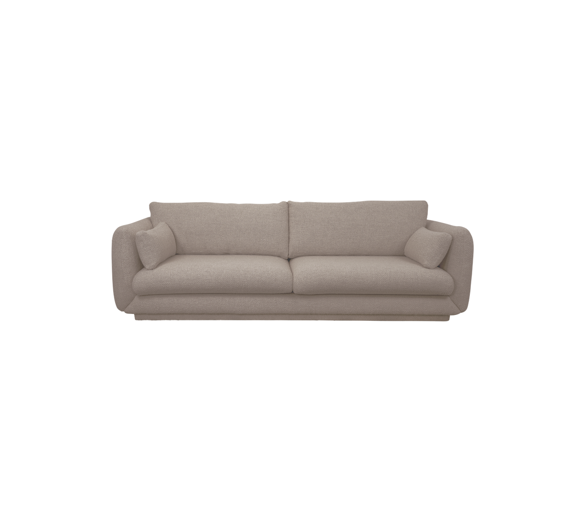 Ljusbrun modern soffa med mjuka kuddar och en avslappnad design.