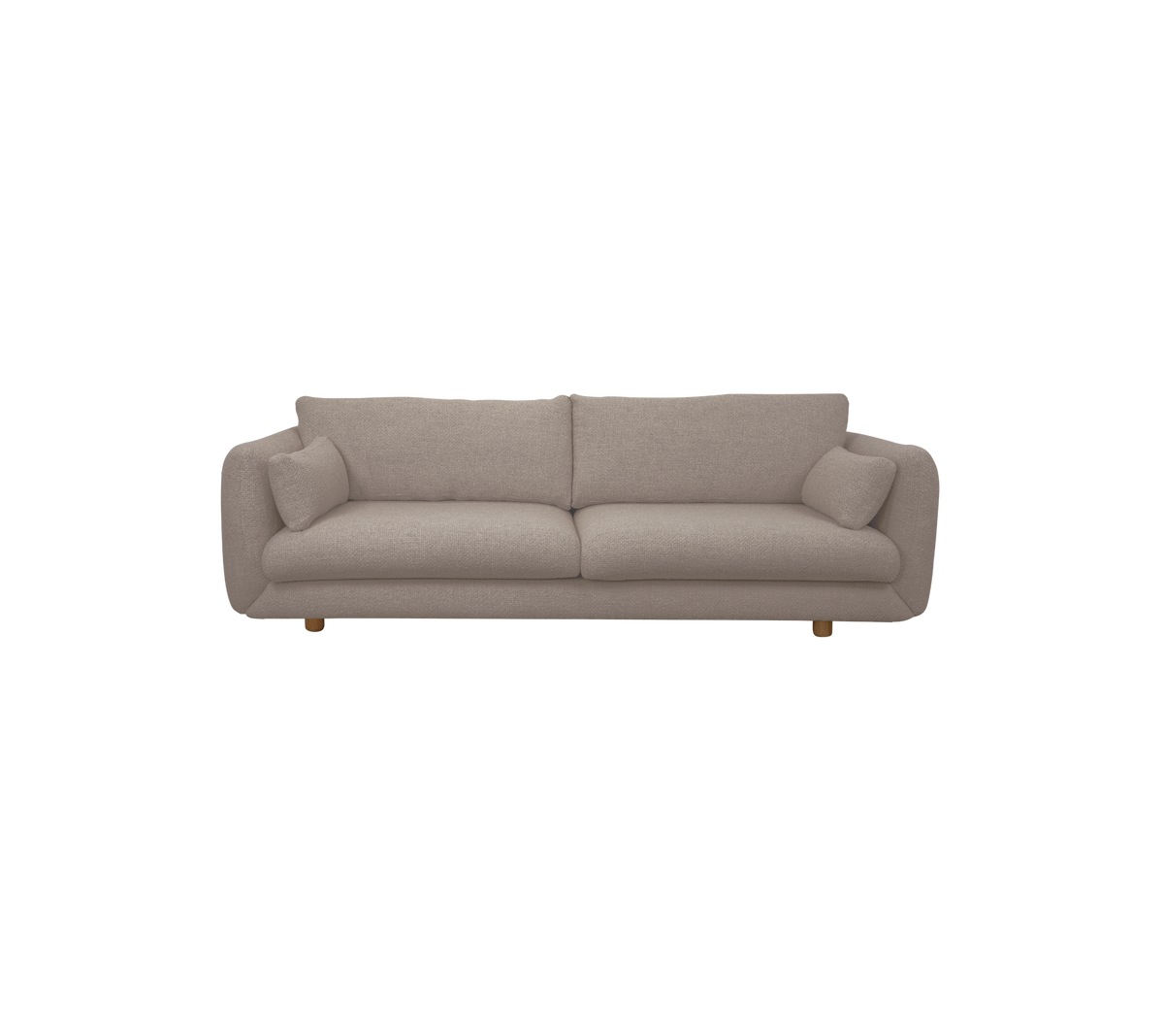 Ljusbrun modern soffa med mjuka kuddar.
