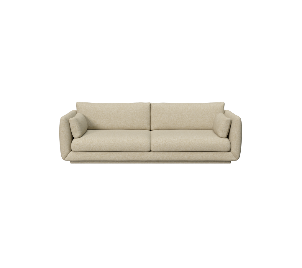Ljusbrun modern soffa med kuddar i en minimalistisk design.
